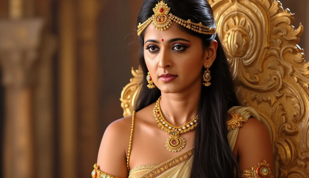 Looks like Anushka Shetty, (piece of master), (best quality), cinemactic, photorealism, rendered, Realistic, ultra detailed, perfect face, portrait frame, chest up, Greek princess, 30 year old woman, ancient princess, brown eyes, detailed dress, necklaces , accessories, earrings, a beautiful ancient princess, dark hair, front, beautiful