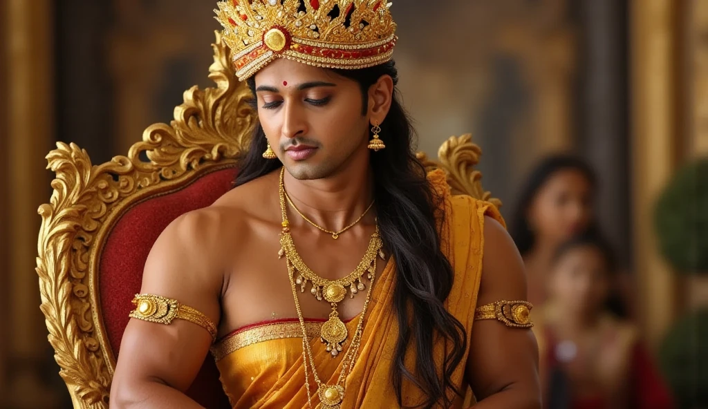 A sexy indian man wearing costume of lord krishna,nsfw, penis, handsome face ,long curly hair, peacock feather in crown