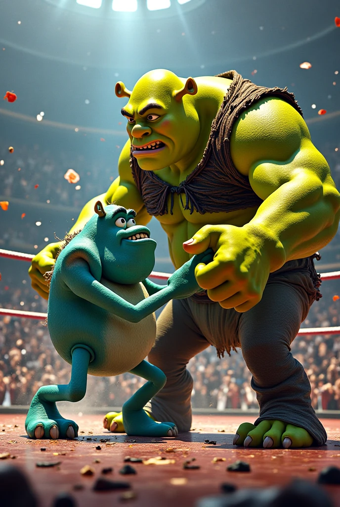Boxing match, (1 Shrek and 1 Princess Fiona):1.505 in the ring wearing boxing gloves, full body, full posture, cruel faces, emotions of anger, grin, sweat, tension, (active punching scene):1.4035, 2 characters in total, viewers in the background, high resolution, real, detailed, Cinematic frame, Cinematic