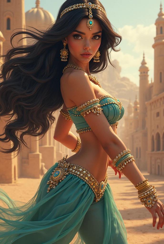 (masterpiece), cartoon, best quality，(photo_(medium):1.0), by Antonio J. Manzanedo, by Jeremy Lipking, lightning, in a surreal sand desert landscape, painting style with watercolor, Brushstrokes, black  eyes,colorful，vibrant colors,1 ultra hot gorgeous woman, princess jasmine from Disney Aladdin.