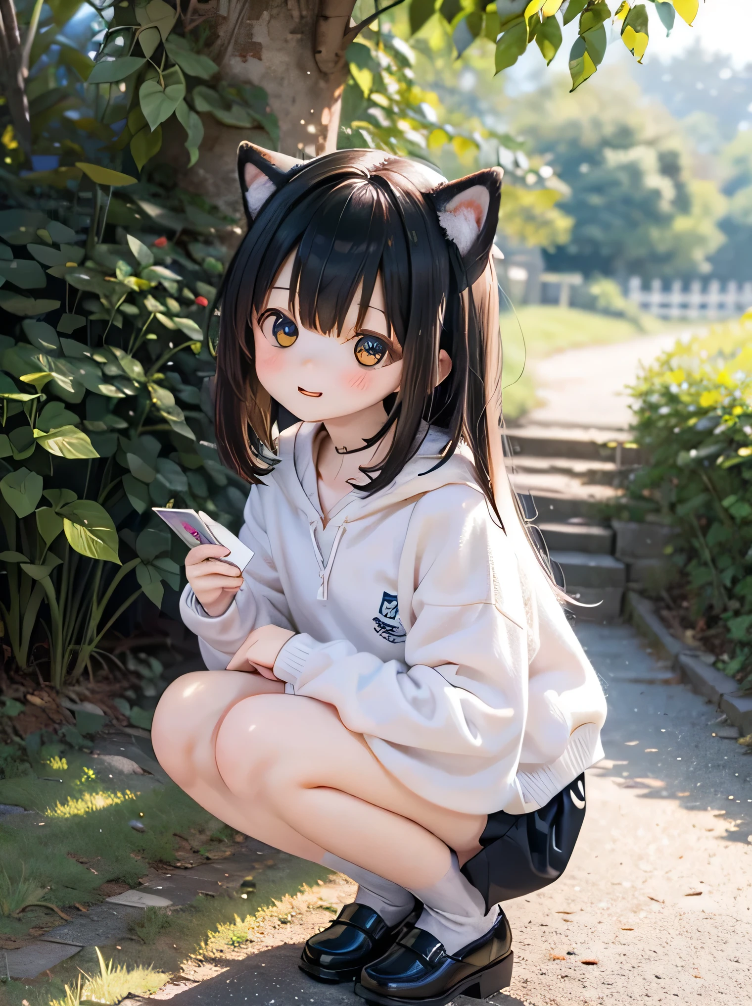 cat girl smiling, cat_girl clothing, cat_girl outfit, slouching, 