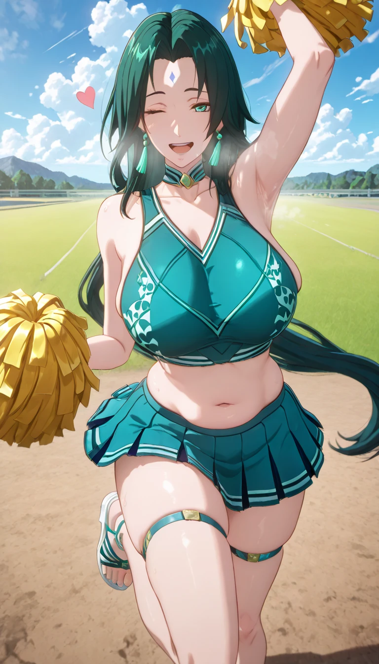 greatm8, babu-style, anime coloring, anime screencap, anime-style detailed background, vignetting, masterpiece, high quality, absurdres, best quality, very aesthetic, newest, dynamic composition, anatomical correct, HD, 4K, digital art, trending on ArtStation, ((anatomical correct)), perfect body, perfect eyes, perfect fingers, gasping, heavy breathing, gasping profusely, cinematic, ((skindentation)), ((curvy)), green eyes, long hair, jewelry, earrings, dark-green hair, hair ornament, facial mark, forehead mark, large breasts, parted bangs, tassel, tassel earrings, very long hair, plump, hearts, pleasured, large breasts, sagging breasts, 1girl, breasts, pom pom \(cheerleading\), cheerleader, solo, skirt, one eye closed, navel, smile, midriff, crop top, open mouth, full body, panties, field, looking at viewer, underwear, white background, pleated skirt, thigh strap, thighs, sandals, sleeveless, arm up, bare shoulders, choker, cloudy sky, dusk,