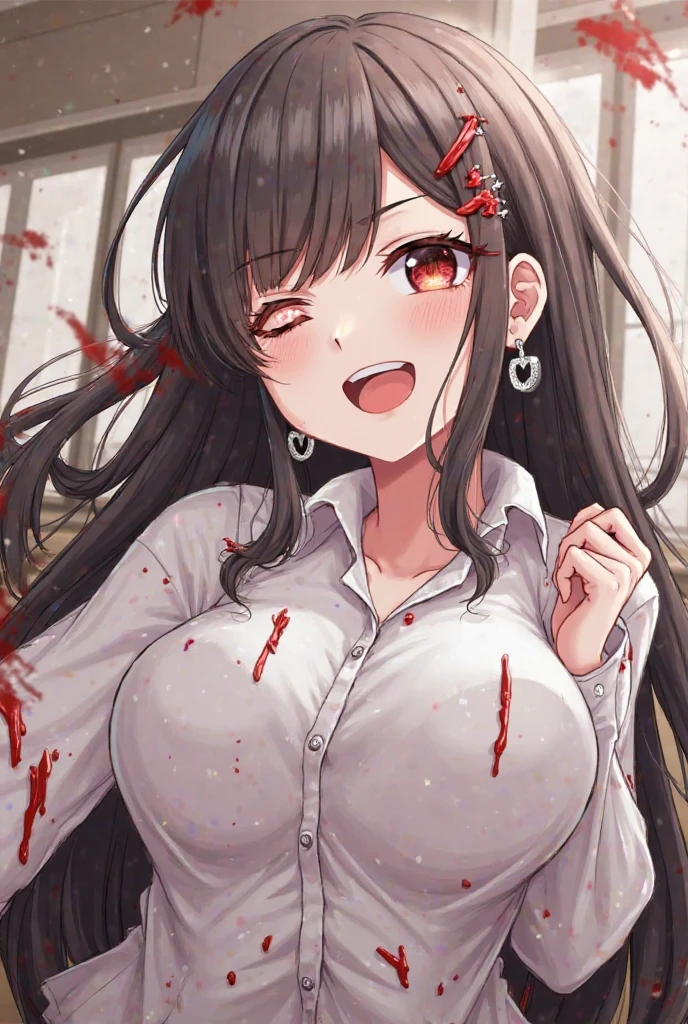 (masterpiece:1.5), (best quality:1.2),(famous artist:1.2),(official art:0.5),(Top quality:1.2),(high resolution:1.2),1girl,solo,clothes reflecting light,20 years old,oppai, BREAK,(brown hair:1.6),half naked ,smile,long hair, Dungeon, fear, fear, terror, despair,trars, ((blood, pain, torture room, tortured)).