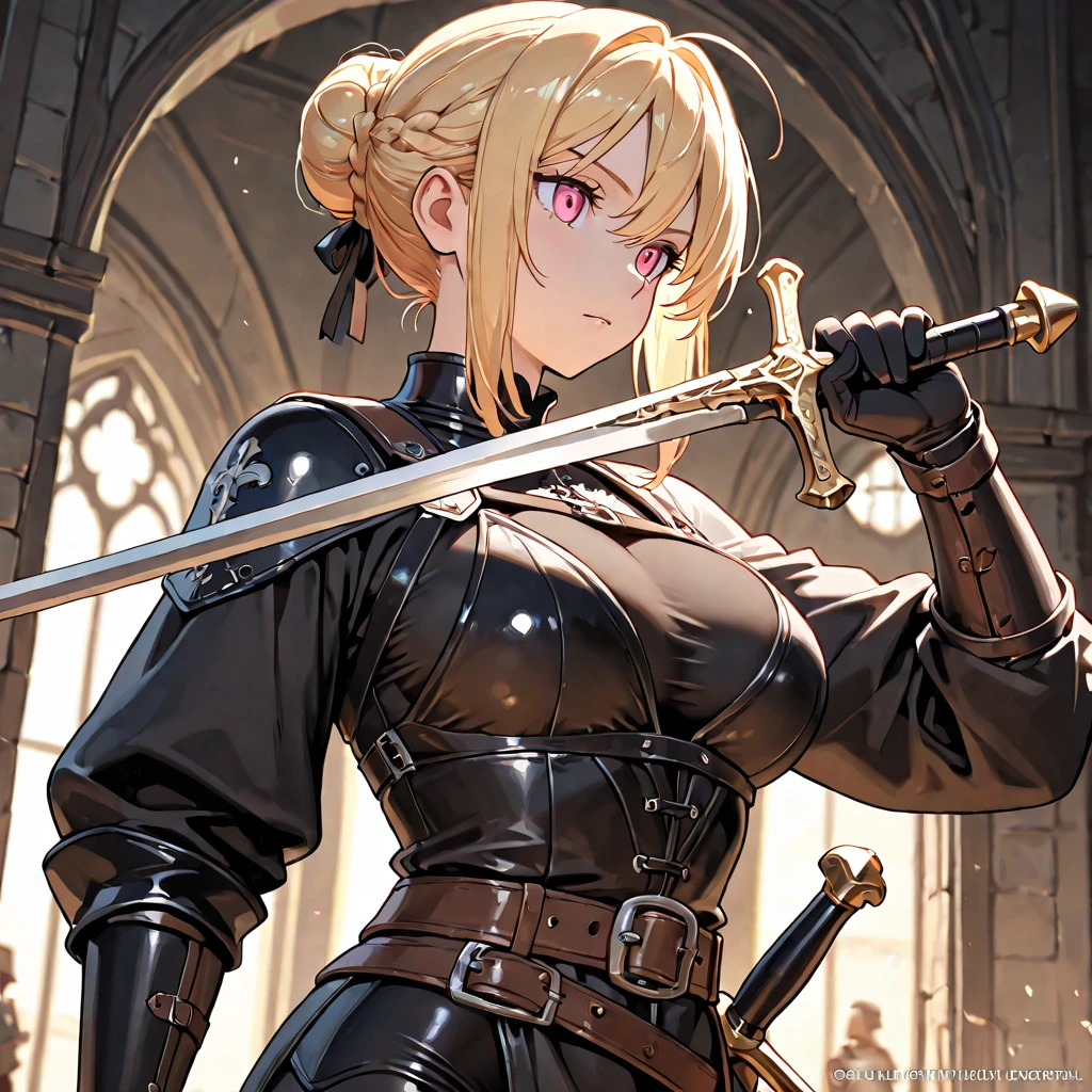 (masterpiece, 8k, 4k, extremely detailed, dynamic shading, best quality, absurdres:1.4) 1girl, nice hands, perfect hands, milf, mature, sexy, (large breasts:1.1) <lora:more_details:0.9> <lora:RamzaBeoulveV1:0.7> RamzaBeoulve, blonde hair with high ponytail, cape, gloves, thigh boots, black armor, red leather pants, spikes, bronze armor thighboots, bronze greaves, black metal breastplate corset, (bare collarbones:1.4), cleavage, spiked armor, leather choker, thick eyebrows, dark eyeshadow, thick eyeliner, purple eyes