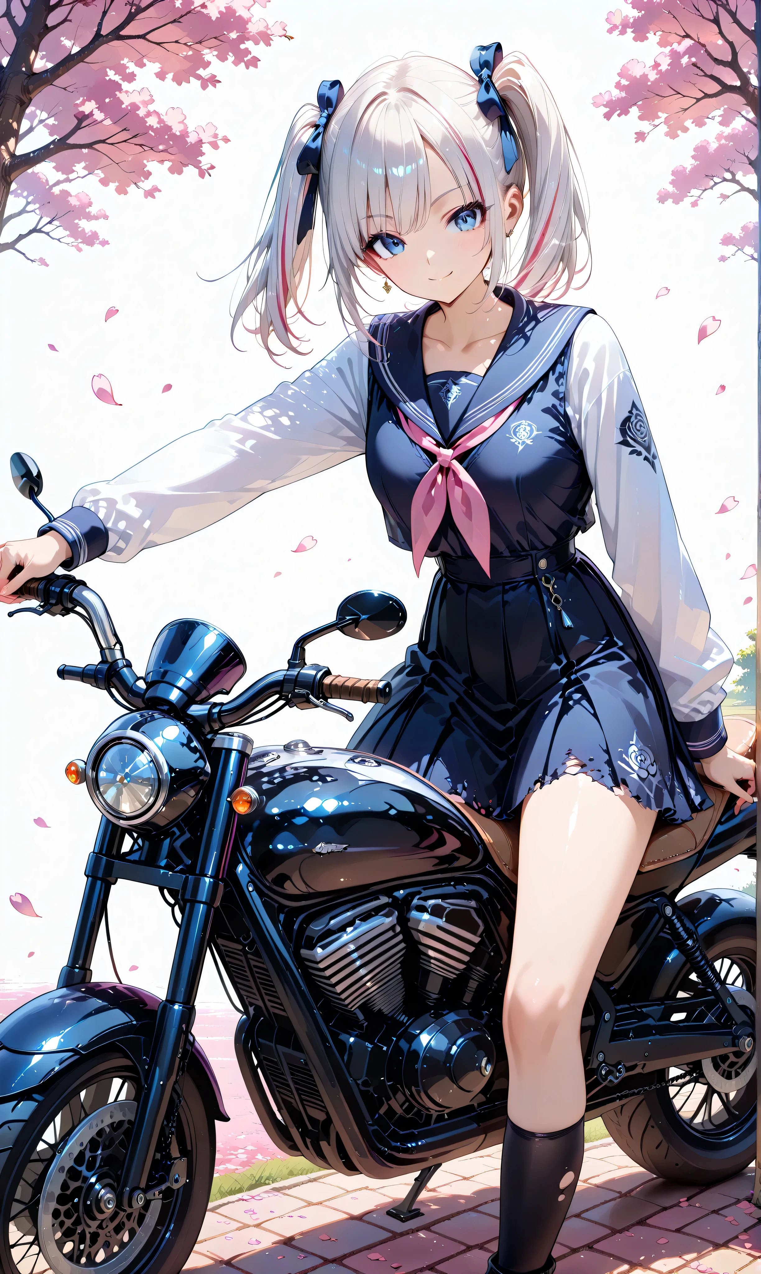 (Watercolor:0.4), (pastel:0.6), Female Saiyan, 1 girl, Alone, captured from a lateral angle, riding a sleek Harley-Davidson down a cherry blossom avenue, its matte black finish and chrome accents humming with power as her hands firmly grasp the handlebars, pink petals drifting in the wake of the bike’s thunderous tires. Her long,Jet Black (urushikuro) twin tails flow with faint white highlights, secured by ribbons that flutter gently behind her. She’s dressed in a preppy school uniform: a white cardigan with rose embroidery on the sleeves, layered over a black sleeveless collared shirt that reveals her shoulders and collarbone, paired with a black A-line skirt that sways in the breeze, and knee-high black socks with loafers that highlight her graceful thighs. Blue eyes shimmer with a quiet, hopeful smile, as if rising from shadow. A sword lies strapped horizontally beside the bike, its edge catching the sunrise’s glow, while white roses mingle with cherry blossoms, suggesting a war-torn past giving way to peace. Her knightly aura shines against a minimalist white background, framed by the cherry blossom road’s serene beauty.