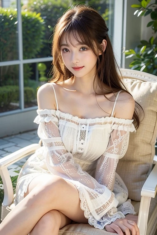 ((of the highest quality, 8K, masutepiece: 1.3, Raw photo)), Sharp Focus: 1.2, (1 AESPA Girl :1.1), Solo, (Realistic, Photorealistic: 1.37), (Face Focus: 1.1), Cute face, hyperdetailed face, brunette short messy hair, Small Smile, nude, (taking off school uniform like Off-the-shoulder chiffon dress, Roll up the skirt: 1.3), thigh, Sitting with one knee up, classroom, flower, lily