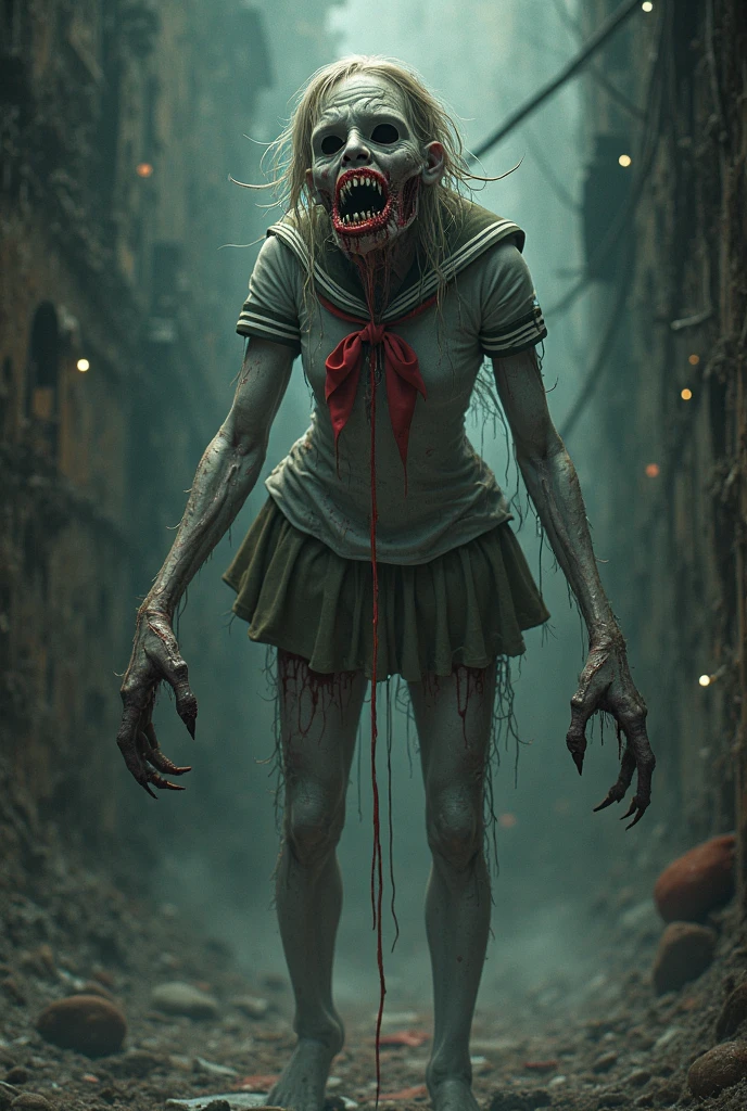 girl, blood at the corner of the mouth, battlefield, red, dirty glass, mutilated top, machinery, zombies