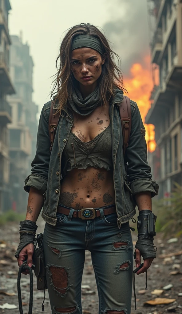 Survivor woman, 35 years old, messy, matted hair, lean figure, gaunt face, hollowed-out eyes, worn clothing, gauntlets, belt with various tools, backpack, scarred skin, realistic, distressed makeup, weapon in hand, bomber jacket, folded map, determined expression, ruins of buildings in background, post-apocalyptic scene, high contrast, gritty texture, nuclear fallout symbol visible on her sleeve.