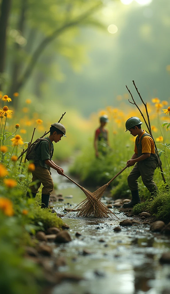 Create an image of two child boys playing on a farm