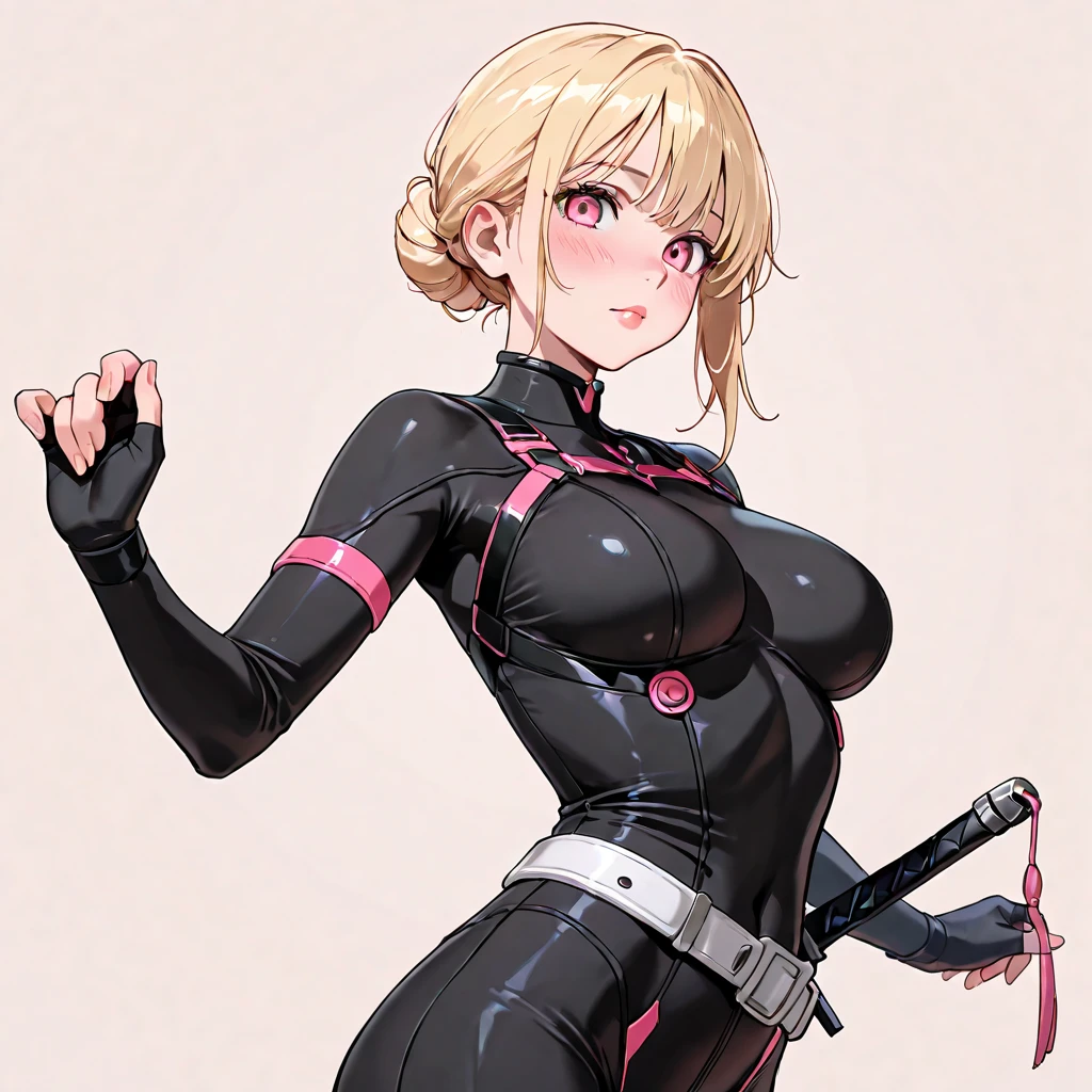 masterpiece, illustration, 8k, best quality,soft lighting, hyper detailed,highres, highest quallity, illustration, ultra detailed, Chisato Nishikigi,big breasts, skinny legs, black latex suit, best quality, highres, 1girl,solo, looking at viewer,detailed lighting, bondage, bdsm,bitchsuit,ribbon,red_eyes,blond hair,short hair,hair_ribbon, ((prison)),