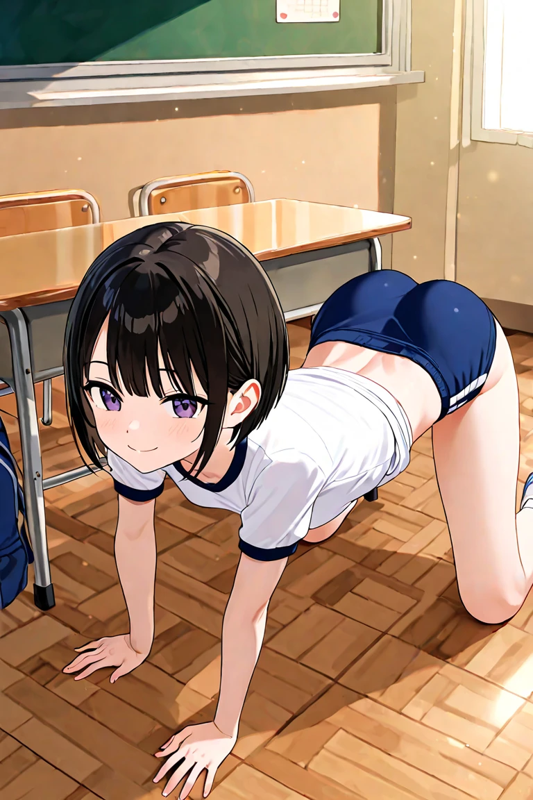 1girl, solo, masterpiece, best quality,
      <lora:shizuku-mahouka:0.8>,
        sweat, mahouka koukou no rettousei, kitayama shizuku, shizuku kitayama, purple eyes, jitome, black hair, short hair, messy hair, short hair with long locks, sidelocks, gym uniform, gym shirt, white shirt, sleeveless, sleeveless shirt, bare arms, small breasts, buruma, bare legs, socks, no shoes,
        all fours, looking at viewer, from behind, looking back, ass, on bed,
        blush, nose blush, embarrassed,
        ,
        indoors, bed sheet, lamp