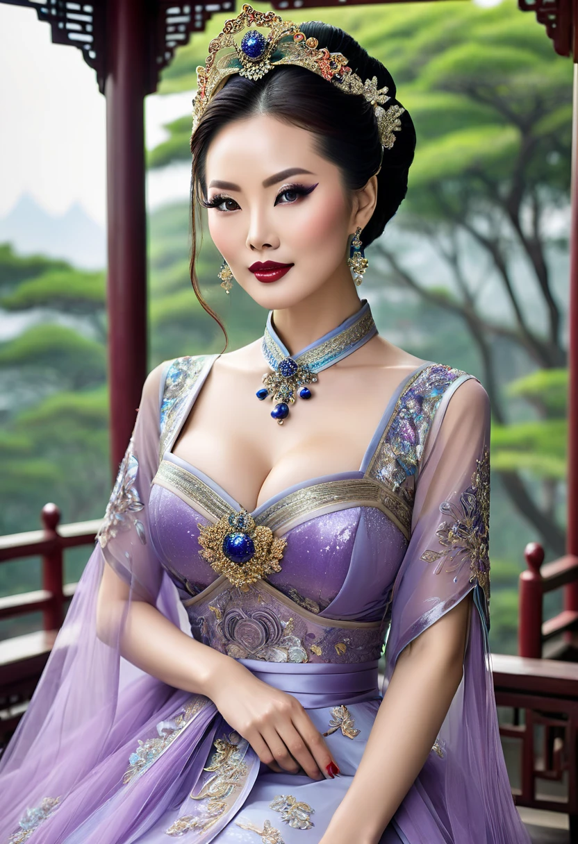 A mesmerizing, ethereal composition that immerses the viewer in an enchanted twilight realm, where the soft glow of starlight blends harmoniously with the deep hues of a mystical forest. The cinematic atmosphere is elevated by fine art photography techniques, subtle grain, and delicately layered textures, which bring depth and richness to the scene. Volumetric lighting accentuates the intricate details of the surroundings, casting a soft, dreamlike radiance across the figure and her elaborate attire.
At the heart of the composition stands a regal young woman, exuding an aura of mystery and otherworldly grace. Her piercing violet eyes shine with an inner light, captivating the viewer and drawing them deeper into the narrative. A subtle, warm smile graces her lips, adding a touch of approachable elegance and quiet confidence to her enchanting presence. Her flawless porcelain complexion contrasts elegantly with her midnight-black hair, styled in soft, voluminous waves that cascade over her shoulders. Adorned with shimmering silver and obsidian accents, her intricate crown is a masterpiece of craftsmanship, its delicate design glinting faintly under the celestial light.
Her gown is an exquisite creation, flowing and voluminous, crafted from layers of deep indigo and midnight-purple feathers. The bodice features ornate beadwork that sparkles faintly, mimicking the starlit sky above. The gownâs neckline gracefully frames her collarbones, adding a touch of elegance and sensuality to her commanding presence. Her jewelryâa filigree black choker with dangling onyx stones and matching earringsâfurther enhances her gothic sophistication.
Delicate cherry blossom branches, adorned with vibrant crimson petals, frame the scene, adding a touch of warmth and natural beauty to the surreal environment. The soft petals catch the light, their subtle glow complementing the cool, muted tones of the composition. The backdrop fades into an enchanting blend of starlit skies and shadowy trees, creating a sense of infinite depth and wonder.
This evocative image captures a timeless, surreal moment, blending fantasy with an intimate, human connection. Every detailâfrom the shimmer of her gownâs feathers to the ethereal glow of her violet eyes and her gentle smileâcontributes to a rich, cinematic experience that lingers in the viewerâs imagination, inviting them into a world of enchantment and quiet majesty. <lora:The_Body:1.0>