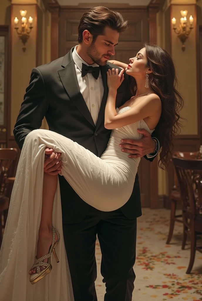A women with black hair with haired tied up wearing white dress surrounded by multiple men touching her, cinematic,