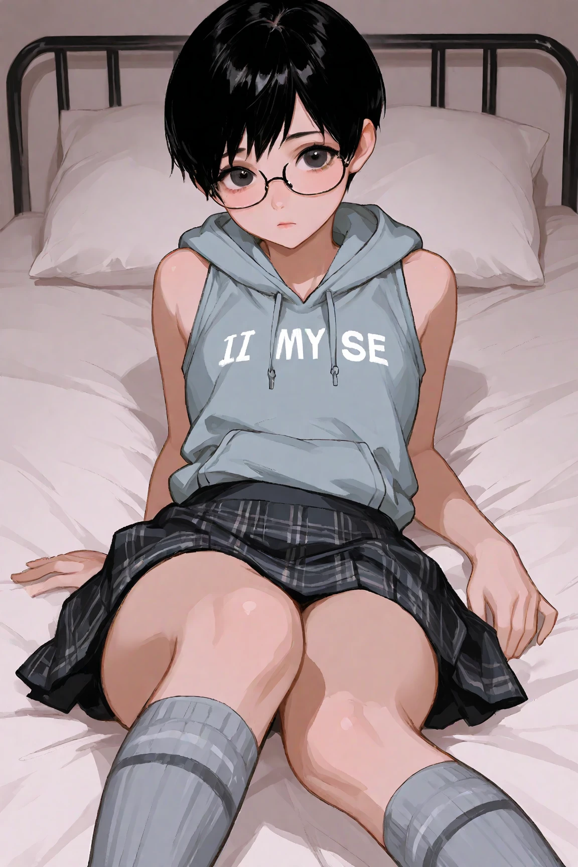 adult_nerd_girl_in_a_pink_jacket, short_brown_ponytail, black_nerd_glasses, flat_chest, fat_eyebrows, short_skirt, high_socks, sitting in bed, ashamed, high resolution, beautiful, 8k