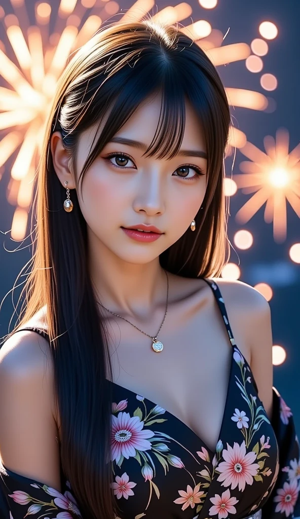 (((Real beauty))), RAW Photos, Black Hair、folder、Round eyes、False eyelashes、Straight hair, correct、Pink lipstick、Striped Hair、Brown Hair、Blue Hair、(Dark blue hair)、(Gradient Hair)、Asymmetrical hair、Hair behind the ear、Crossed bangs、Long Hair、(お尻までLong Hair)、Long Hair、Straight bangs、Smooth, Silky Hair、Hair up on one side、とんでもなくLong Hair、Light brown eyes、Ring Eye、Round eyes、Wicked Smile、A light smile、Cast a Shadow、(Extraordinary presence)、Atmospheric perspective、Backlight、Exposure、Lens flare、、最high quality、超High resolution、超High resolution、Very realistic, masterpiece、correct、Textured skin、high quality、最high quality、Awards、32K, 髪のfolder、Crafty、A light smile、Embarrassed laugh、Redness in the ears、correct、Subjective、Shine、360° View、Very detailed、超High resolution、解剖学的にcorrect、masterpiece、Accentuate your breasts、High resolution、Attention to detail、Long eyelashes、A slight blush、Compensate, (((Summer festival))),(((Fireworks display)))