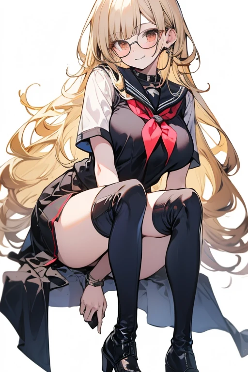 ((masterpiece)), (Highest quality), (Simple style), Blonde, Hyper Long Hair, Tall, Sailor Suit(Black) Striped pants and garter belt