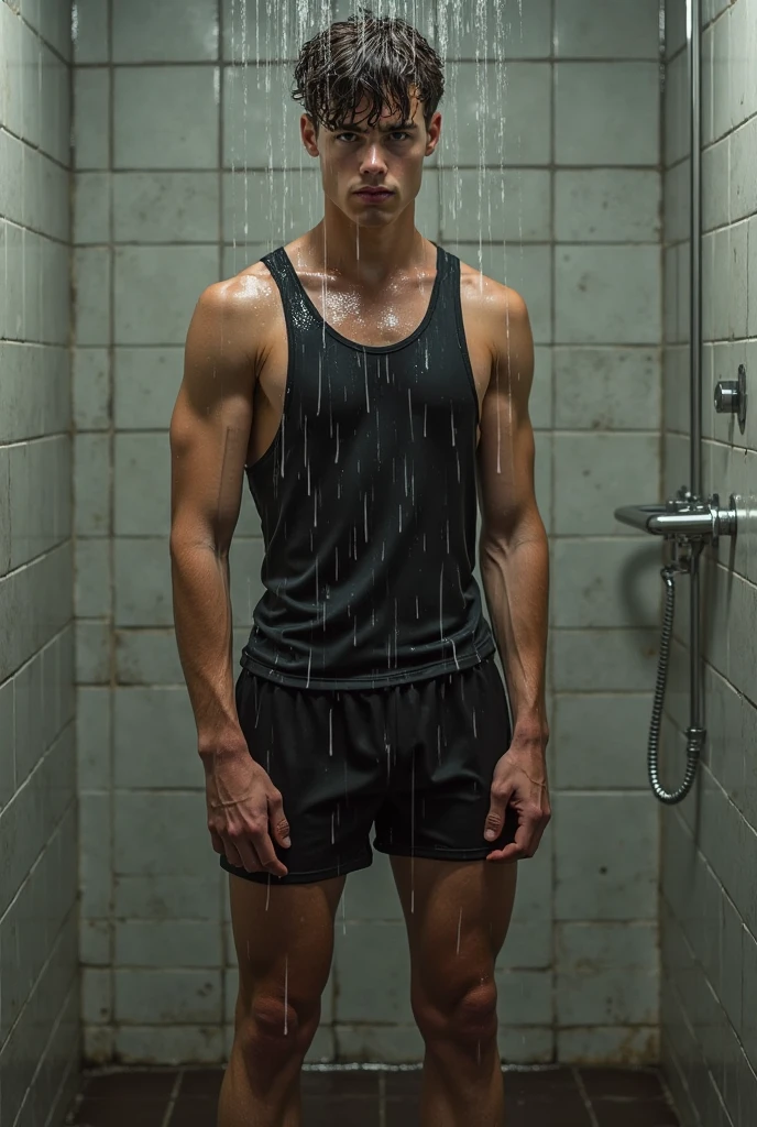 a pubescent boy getting wet/getting soaked with the full wet diver (chicken, pants, socks and shoes) in the shower all wet and dripping