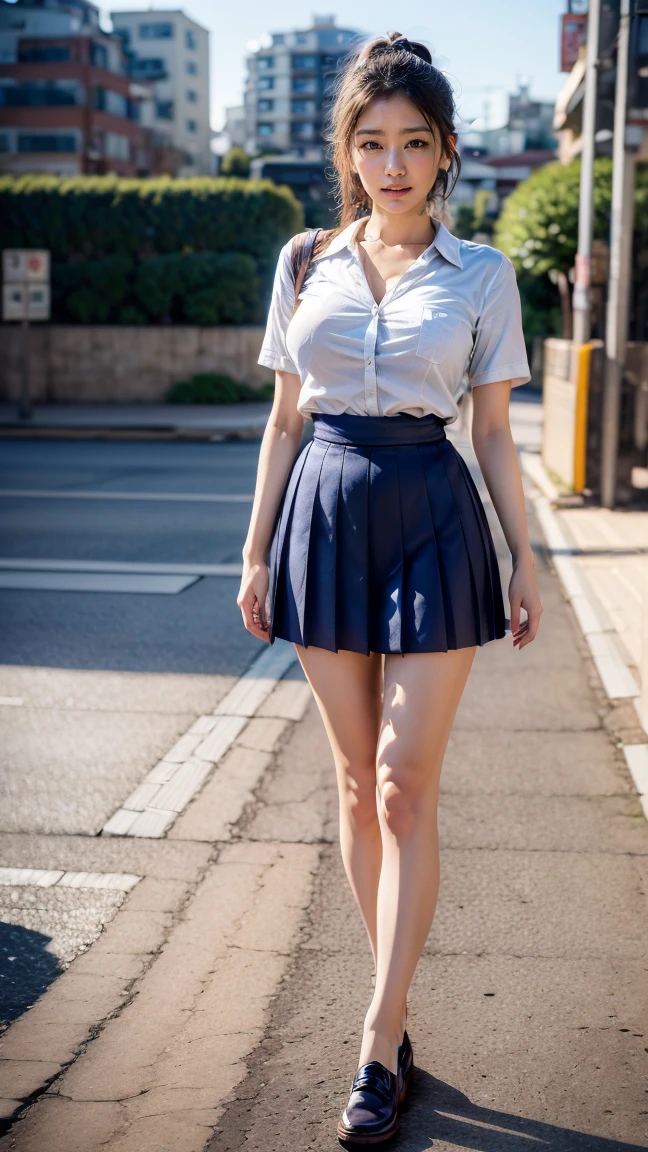 (((young Japanese girl jumping wearing high school uniform))),(full body shot:2), natural lighting, ultra sharp focus,huge breasts, ((beautiful face)), wearing pantyhose, wearing short sleeve