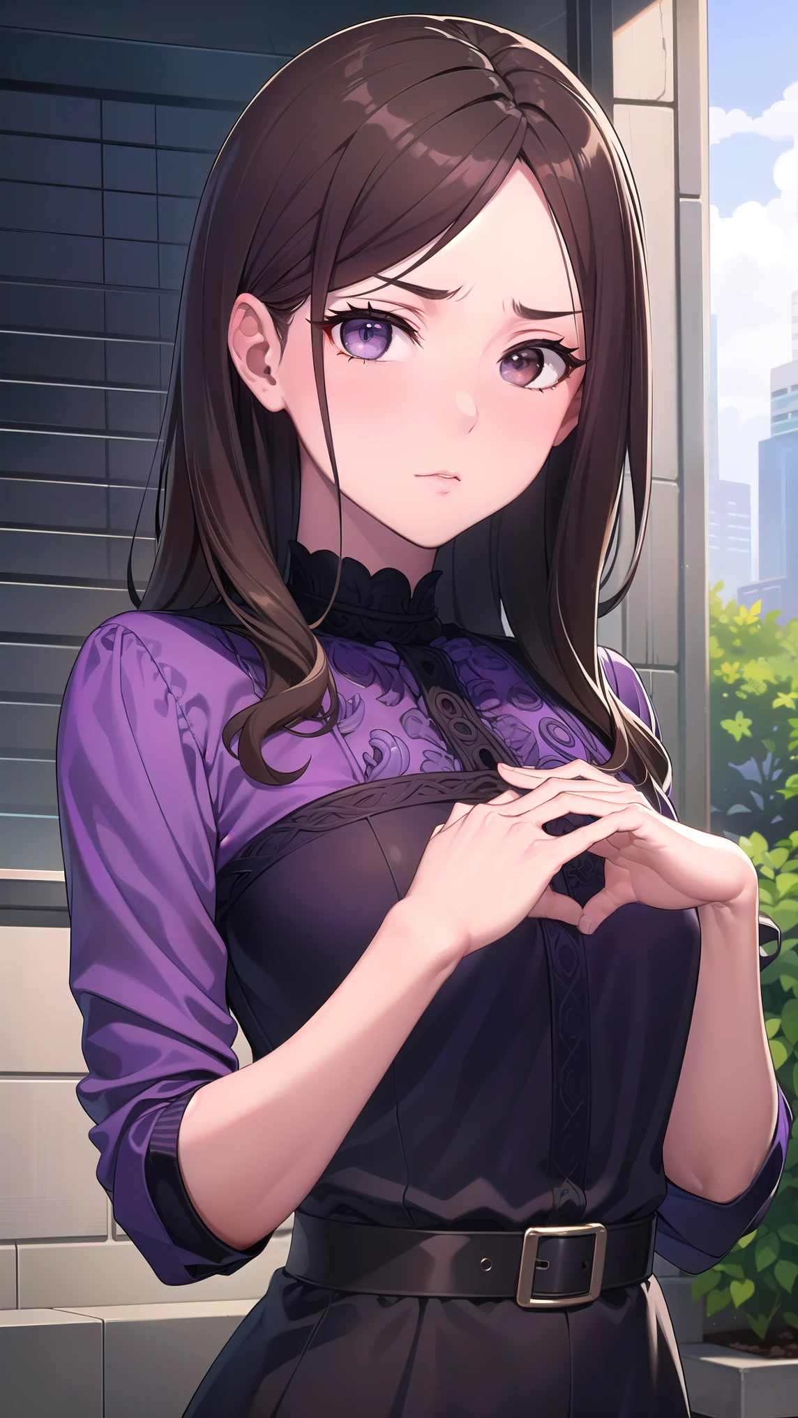 muginoshizuri, mugino shizuri, (brown eyes:1.7), brown hair, long hair, (kakiage bang:1.5), (medium breasts:1.2), anger,非常に吊り上がった目
black thigh high socks, dress, thigh high socks, absolute region with to, (purple dress:1.5), long dress, long sleeve, Chest,
looking at viewer, upper body, full body,
outdoors, city,
(masterpiece:1.2), best quality, high resolution, Unity 8k Wallpaper, (illustration:0.8), (Beautiful Detailed Eyes:1.6), petite girl with very detailed face, perfect lighting, very detailed CG, (perfect hands, perfect anatomy from a shellfish),