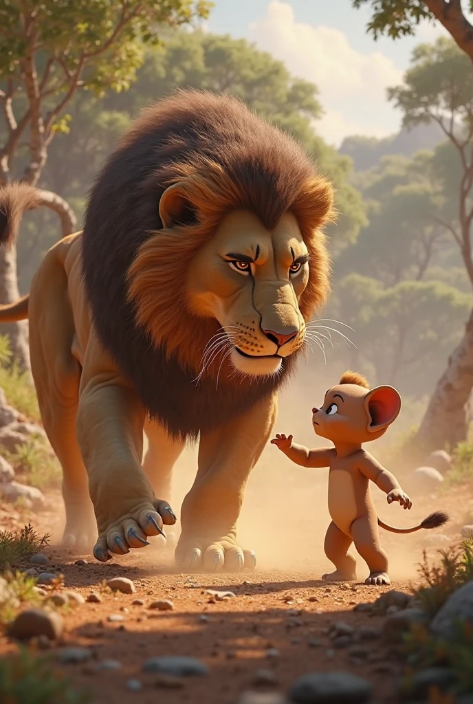 Rafiki(Lion) smiles proudly as Leo(young lion) opens his eyes, surprised by his own roar.