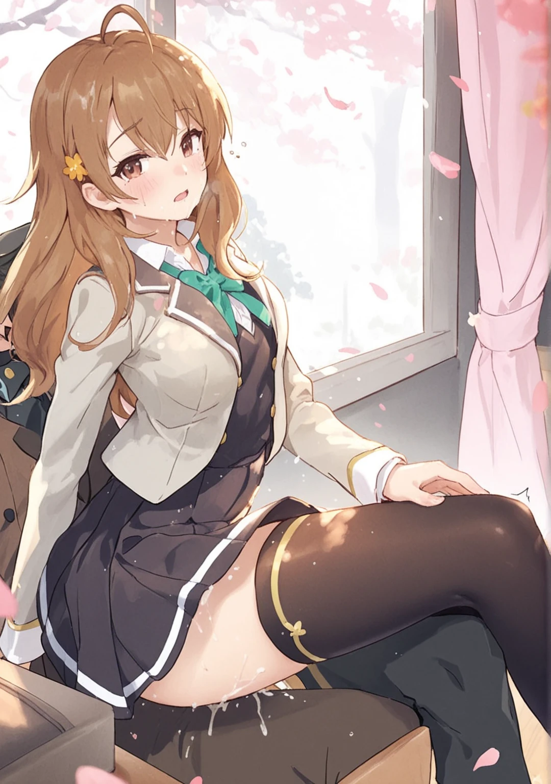 hmshir, long hair, green eyes,yellow jacket, necktie, black skirt, pleated skirt,(upper body:1.3),open mouth, embarrassed ,blush,sitting,(spread legs:1.3),(legs up),(cameltoe:1.3),masterpiece,Noise Reduction,perfect anatomy,high resolution, ultra-detailed,game cg,dutch angle ,beautiful detailed eyes,visualart,five fingers, perfect hands, perfect lighting,