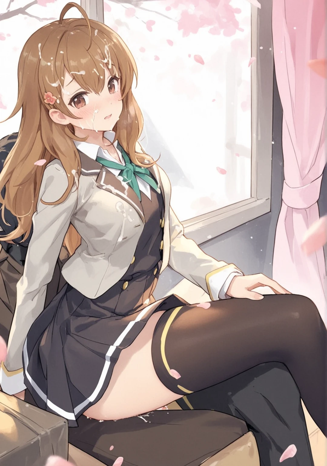 LuluYurigasaki,torogao,blush,open mouth,long hair, twintails, white hat, green bowtie, black vest, jacket, white skirt, black stocking,((sitting on a man)),(spread legs1.5),looking at viewer,blush,open mouth,white panties, panties focus, stockings focus,((woman on top)),vaginal sex, vaginal,sweating,heavy breathing,steam, jacket half off shoulder,missionary vaginal,close up,cream pie,spreading legs,legs up,((pov)),((from below))