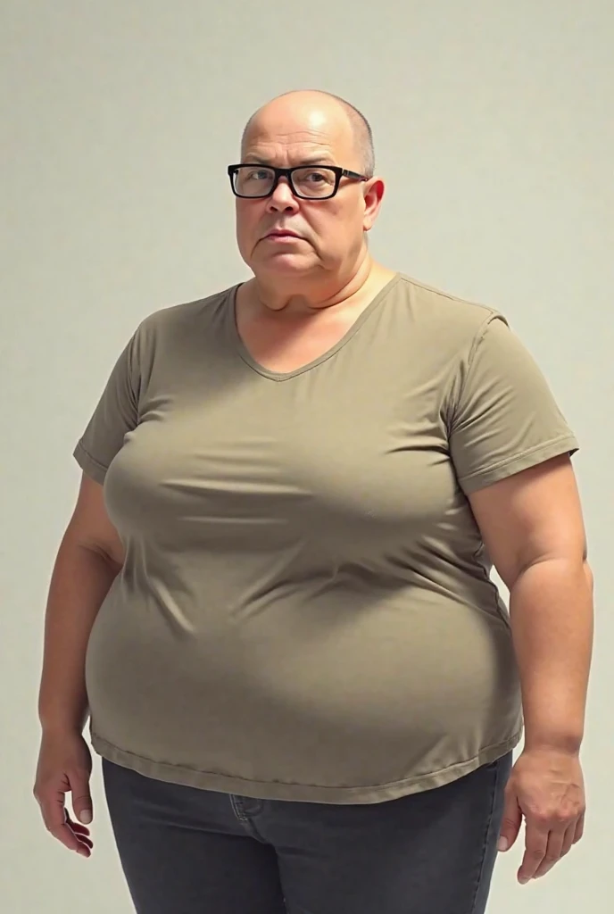 Vintage photograph of a corpulent old lady like ((Arkham Archaeologist)) with ((hair slicked back)) that he wears (vintage clothes), vestita with canottiera verde, white shorts, black glasses, simple wall, neutral colors, internal environment, standing straight, in front of the camera, hands on hips, outdoor shot, angle at eye level, soft lighting, At home, volumetric lighting, (vista fisheyes: 1.3), scattato su Olympus OM-D E-M5 Mark III with M.Zuiko 40-150mm f-2.8, photo by Lewis Baltz