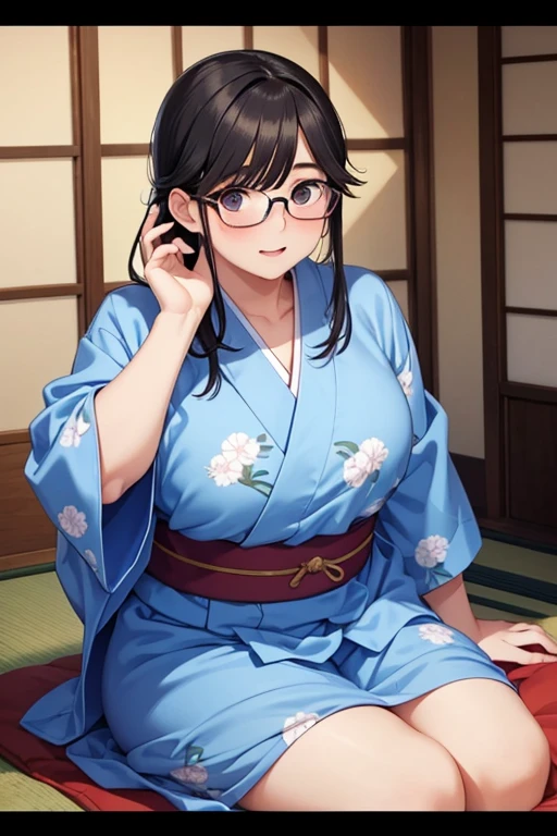 a woman in a kimono sitting on a bench with a blue robe, in kimono, in kimono, ((wearing aristocrat robe)), enchanting anime girl, commission for high res, wearing royal kimono, in robes, Anime Moe Artstyle, goddess of Japan, with glasses, by Kamagurka, [ 4 k digital art ]!!, wearing a simple robe