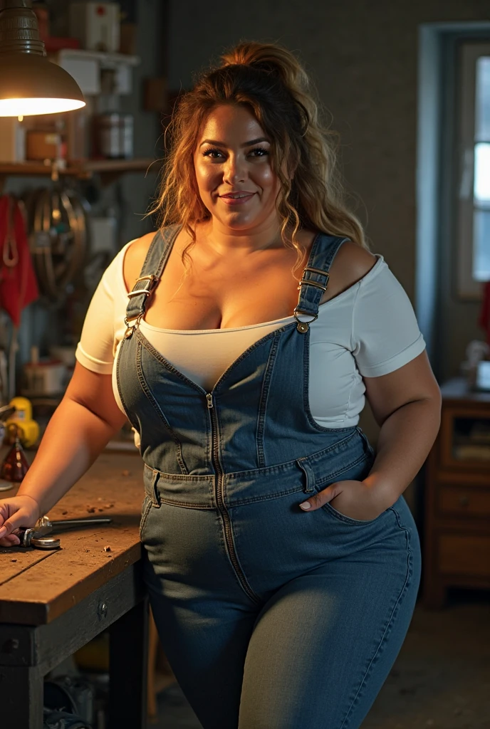 detailed skin texture, real life photograph of a 30 year old woman in a bedroom, slightly chubby female, princess peach, overalls only, voluptuous, crown, seductive, dynamic pose, pink background