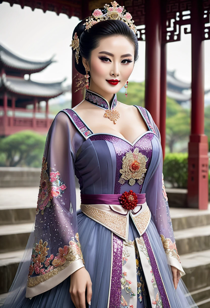 The Empress is standing with her large breasts, her hair is tied up and pulled up, and her lower abdomen is decorated with gorgeous flowers.、A perverted, erotic woman wearing the crown of a Qing Dynasty empress. The background is the stone paving of a Chinese palace during the Qing Dynasty.