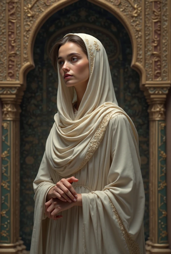 (((Blessed Virgin Mary. 19 years old))) ((( Con una cara seria y piadosa. Con una mirada dulce y tierna))) (obra maestra, calidad superior, mejor calidad, arte oficial, beautiful and aesthetic: 1.2), (1girl), extremadamente detallado, (Arte fractal: 1.3), colorido, highest detailed, Cara perfecta, parte superior del cuerpo, HDR, (orando: 1.3), (golden lines of white coat: 1.2), galaxia, (rayas de luz), eye-catching visuals, (dynamic stripes, senderos luminosos: 1.2), colores vibrantes,
