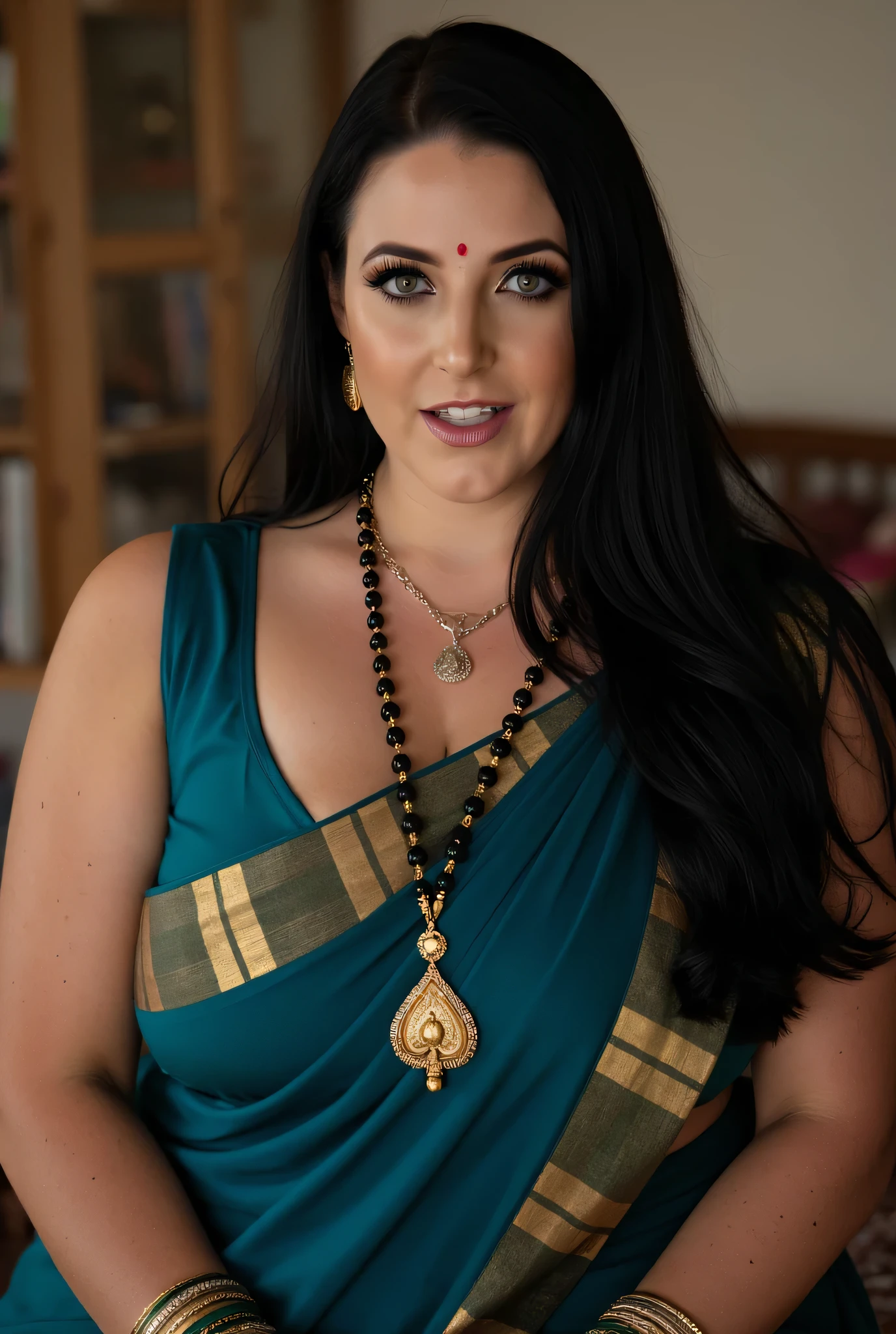 A naughty, voluptuous and curvaceous light neutral skin tone woman in completely sweaty hairs, in a traditional attire, wearing a deep blue messed up elegant saree, no blouse piece and intricate jewelry glass green bangles and a red small bindi between her eyebrow's lady wearing a thin an long necklace is made of gold and has a long chain with black and gold beads. The beads are arranged in a repeating pattern, with the largest bead at the bottom and the smallest at the top. In the center of the necklace, there is a pendant with a design in the shape of a queen of spade symbol, The pendant is attached to the chain with a gold clasp. The overall style of the jewelry is traditional sits in a chair surprise her expression is painful, wide-eyed and mouth agape, lady is crying tearful eyes with messed up eye mascara, lady lying on stomach in bed and top of the lady a black african man wearing a thick silver chain is mounting on the lady and pulling the lady's hairs with one hand from behind, the black muscular african , Nigerian man has an evil smile expression looking at the viewer , UHD, retina, masterpiece, accurate, anatomically correct, textured skin, super detail, high details, high quality, award winning, best quality, highres, 1080P, H