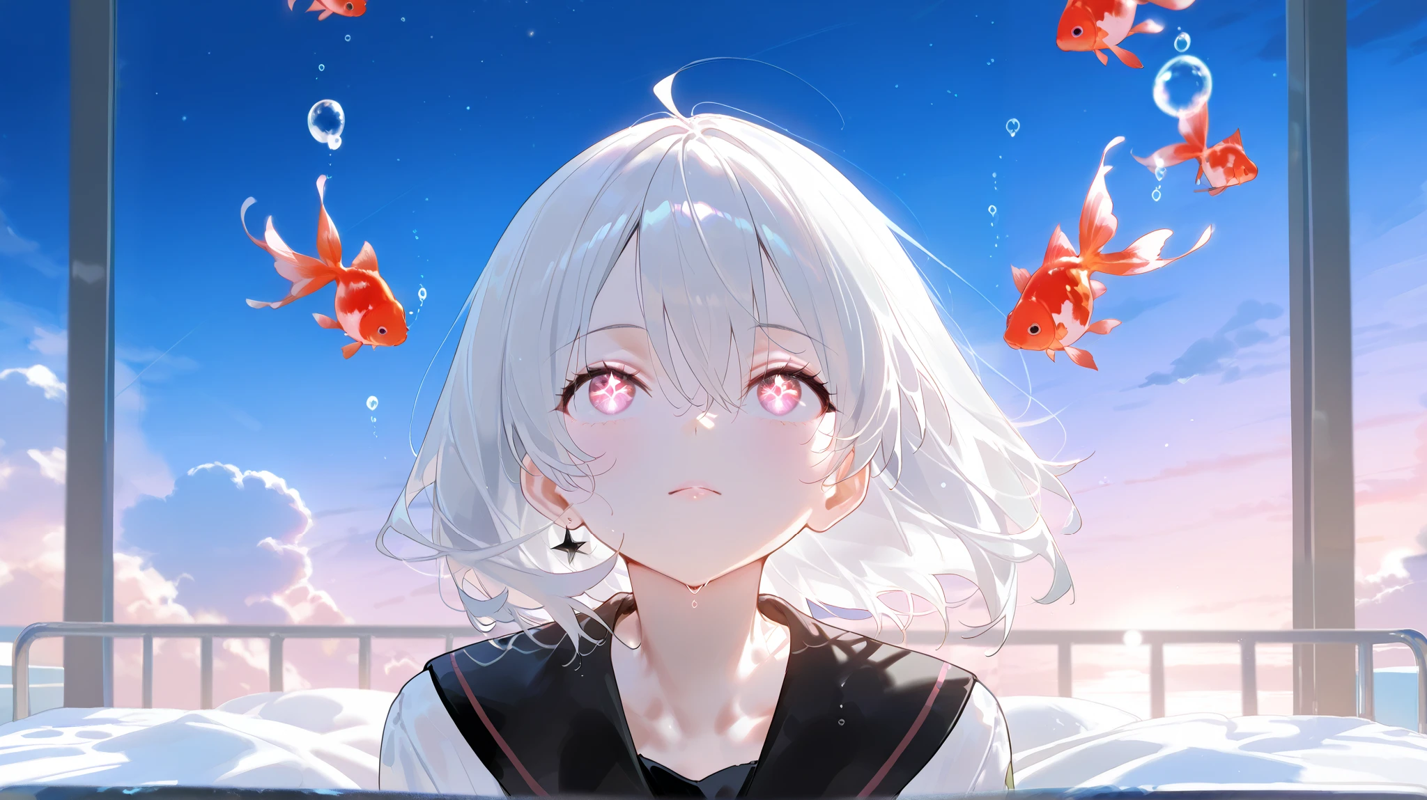 (female\(student, , JK, short silver hair floating , Space-colored eyes , Black school uniform, pale skin, A tired face with no shine in the eyes \) in bed looking up at the sky), (Many goldfish are swimming in the air), beautiful sky from the light source, beautiful clouds, colorful summery flowers are blooming all over the place, ( Clear bubbles are as if a prism shines underwater, and in the sky), There's a noon moon and a midday star in the sky, break ,quality\(8k,very detailedCGユニットのwallpaper, masterpiece,high resolution,top-quality,top-quality real texture skin,surrealistic,increase resolution,RAW photo,最高のquality,very detailed,wallpaper,cinematic lighting, Raytrace , golden ratio\),Long Hit