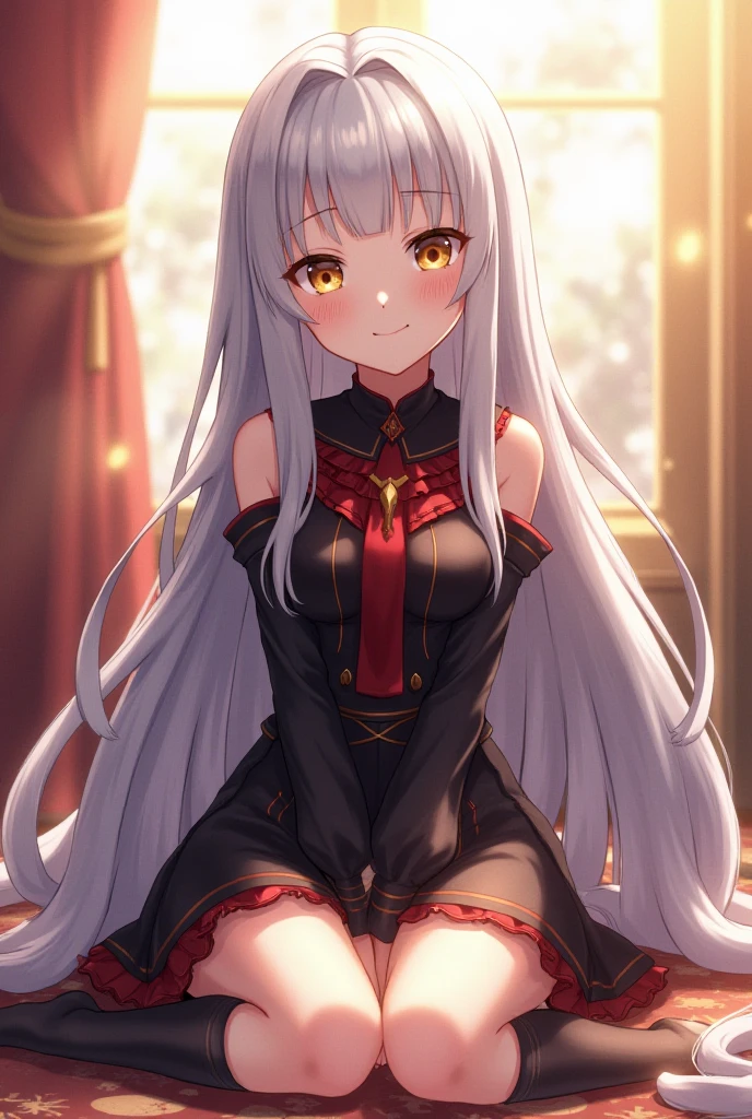 Long silver hair, green eyes, , corset, black clothes, seductive eyes, SMILE, top-less, beautiful thighs, Inside the house