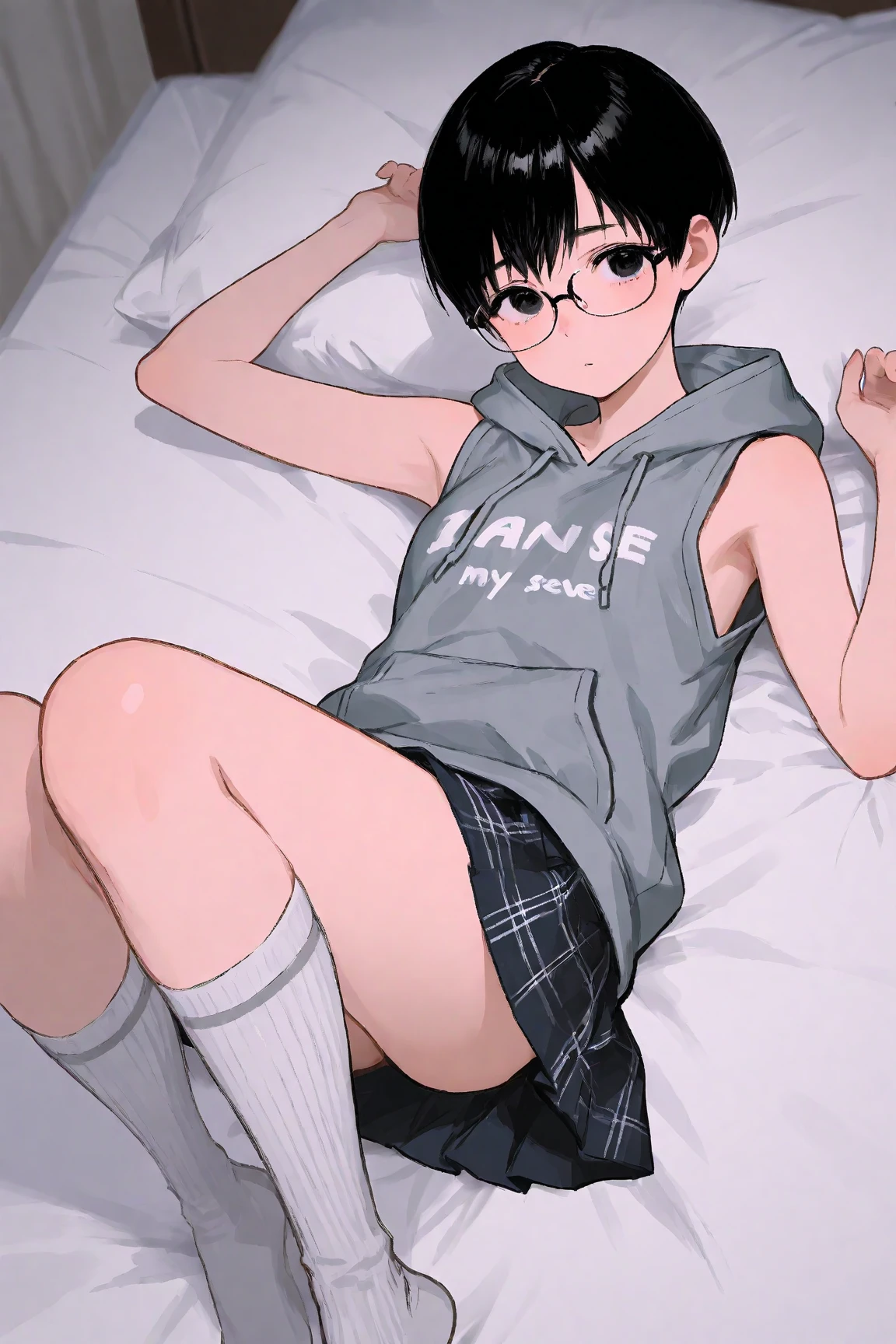 Cute Boy, small, Caucasian pink skin, Short black hair in a two-block style., red eyes, Wear black shorts, Take off your shirt., sitting on the bed, (bulge in crotch: 1.3), Lean body, 