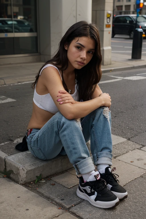 Masutepiece、highest qualityr、high resolusion、Eleonora Pavinato, 23 years old, Younger headshot, looking cute, cute pose, Beautiful busty girl, Black long hair, Lean against a colorful urban wall in a cropped black leather biker jacket, a white lace-trimmed bralette, and low-rise dark skinny jeans. One ankle crossed over the other, one hand in your jeans pocket, and the other adjusting your jacket collar, gazing down the street with a sense of adventure.