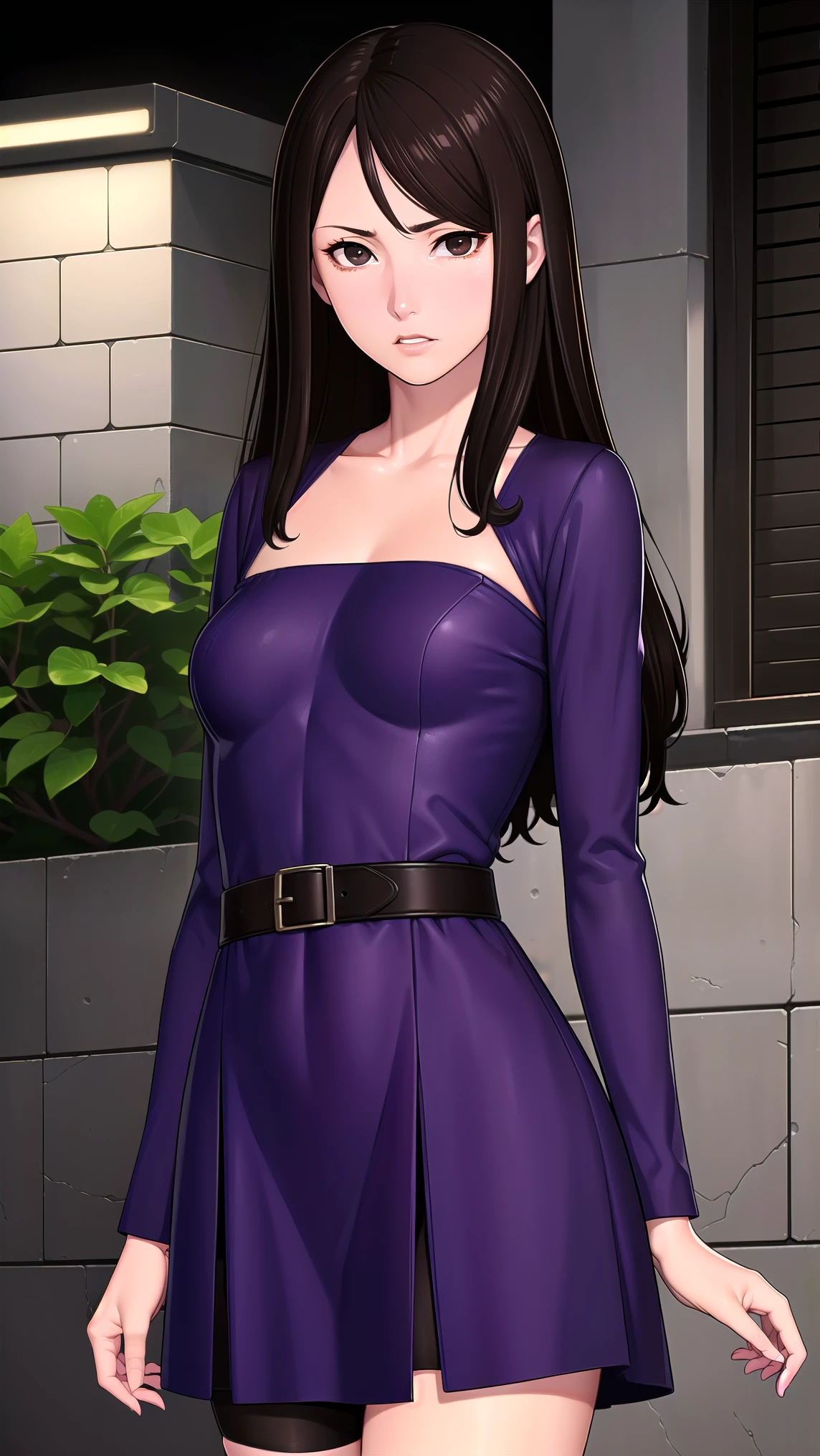 muginoshizuri, mugino shizuri, (brown eyes:1.7), brown hair, long hair, (kakiage bang:1.5), (medium breasts:1.2), anger,非常に吊り上がった目
black thigh high socks, dress, thigh high socks, absolute region with to, (purple dress:1.5), long dress, long sleeve, Chest,
looking at viewer, upper body, full body,
outdoors, city,
(masterpiece:1.2), best quality, high resolution, Unity 8k Wallpaper, (illustration:0.8), (Beautiful Detailed Eyes:1.6), petite girl with very detailed face, perfect lighting, very detailed CG, (perfect hands, perfect anatomy from a shellfish),