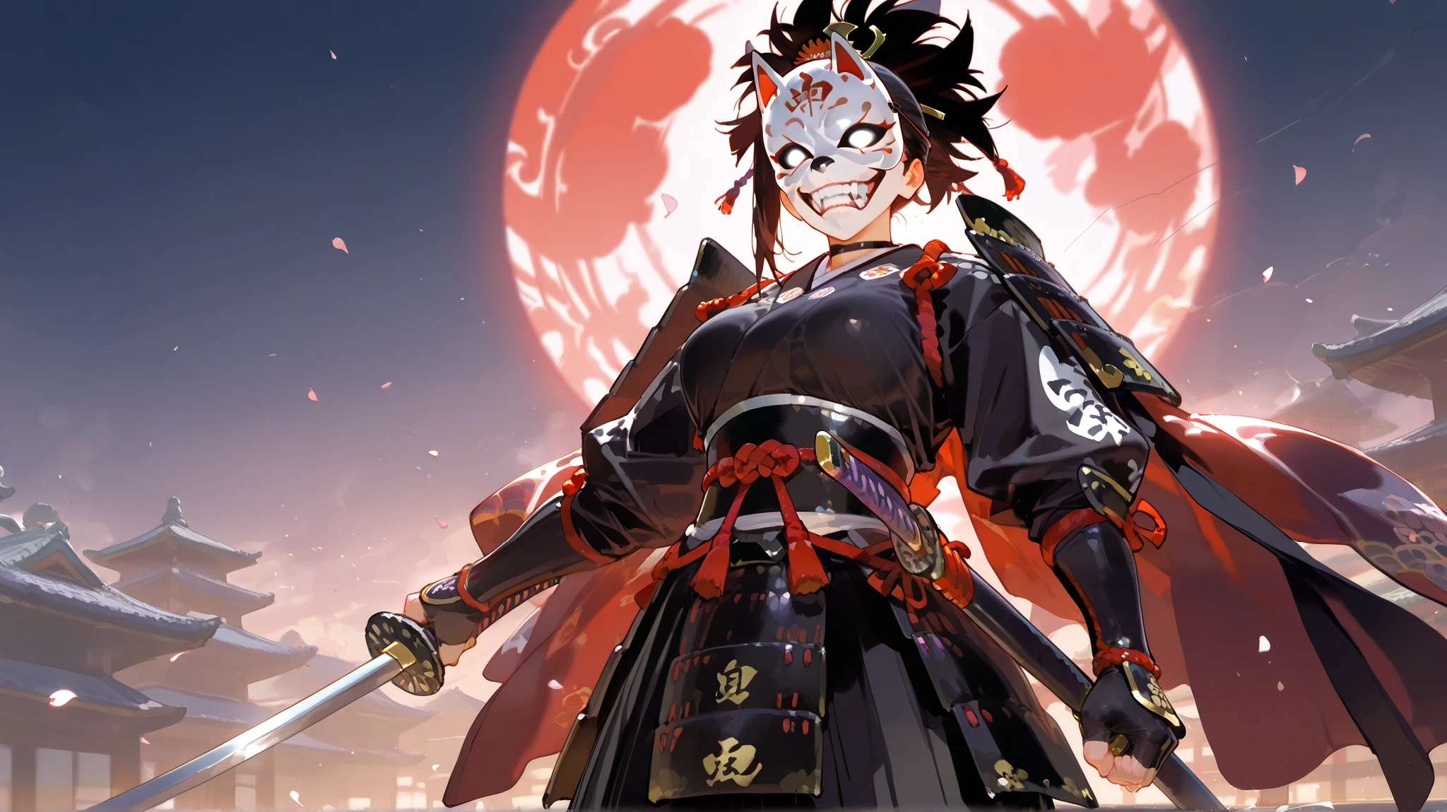 masterpiece, best quality, very well detailed, anime, A samurai, sword, holding 邪evilなオーラ, female, evil, Strong emotions, mask