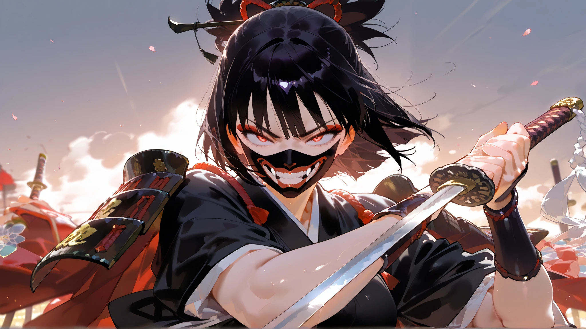 masterpiece, best quality, very well detailed, anime, A samurai, sword, holding 邪evilなオーラ, female, evil, Strong emotions, mask
