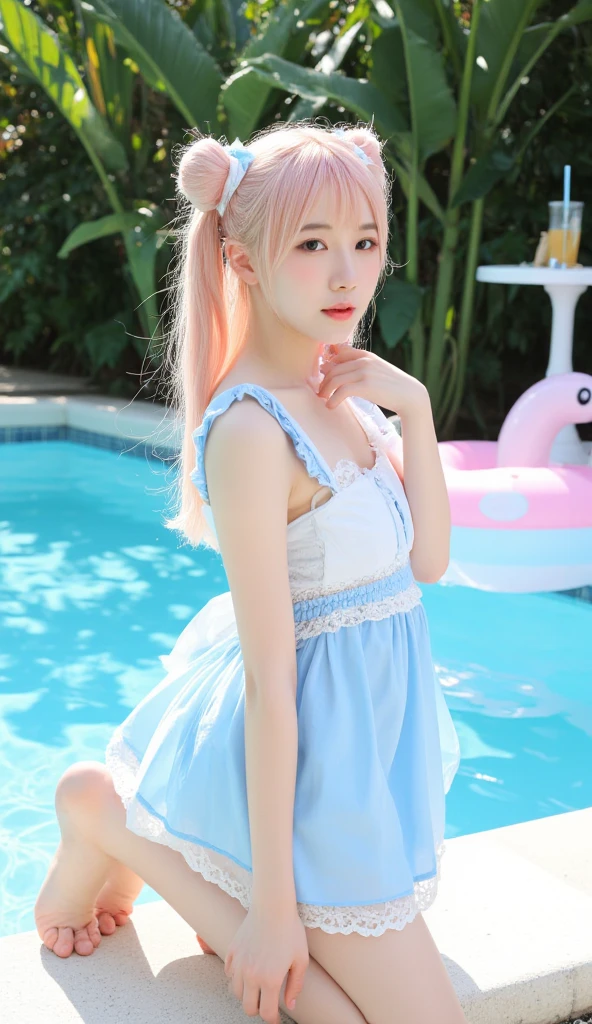 High definition, fine details, 4K, sexy, flirtatious, pink Pigtail hair, snow-white skin, super cute in the commercial market. Cute and mischievous smile, doll face, green chest shirt, blue mini skirt, pink underwear, transparent white silk, pink sandals,
