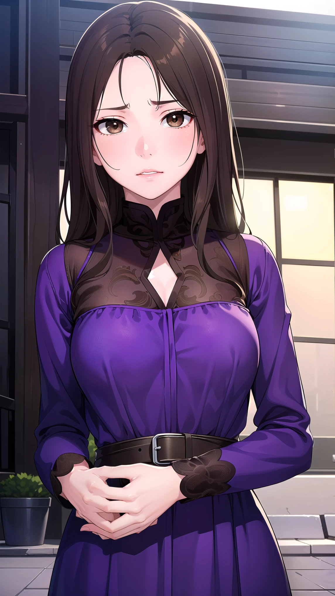 muginoshizuri, mugino shizuri, (brown eyes:1.7), brown hair, long hair, (kakiage bang:1.5), (medium breasts:1.2), anger,非常に吊り上がった目
black thigh high socks, dress, thigh high socks, absolute region with to, (purple dress:1.5), long dress, long sleeve, Chest,
looking at viewer, upper body, full body,
outdoors, city,
(masterpiece:1.2), best quality, high resolution, Unity 8k Wallpaper, (illustration:0.8), (Beautiful Detailed Eyes:1.6), petite girl with very detailed face, perfect lighting, very detailed CG, (perfect hands, perfect anatomy from a shellfish),