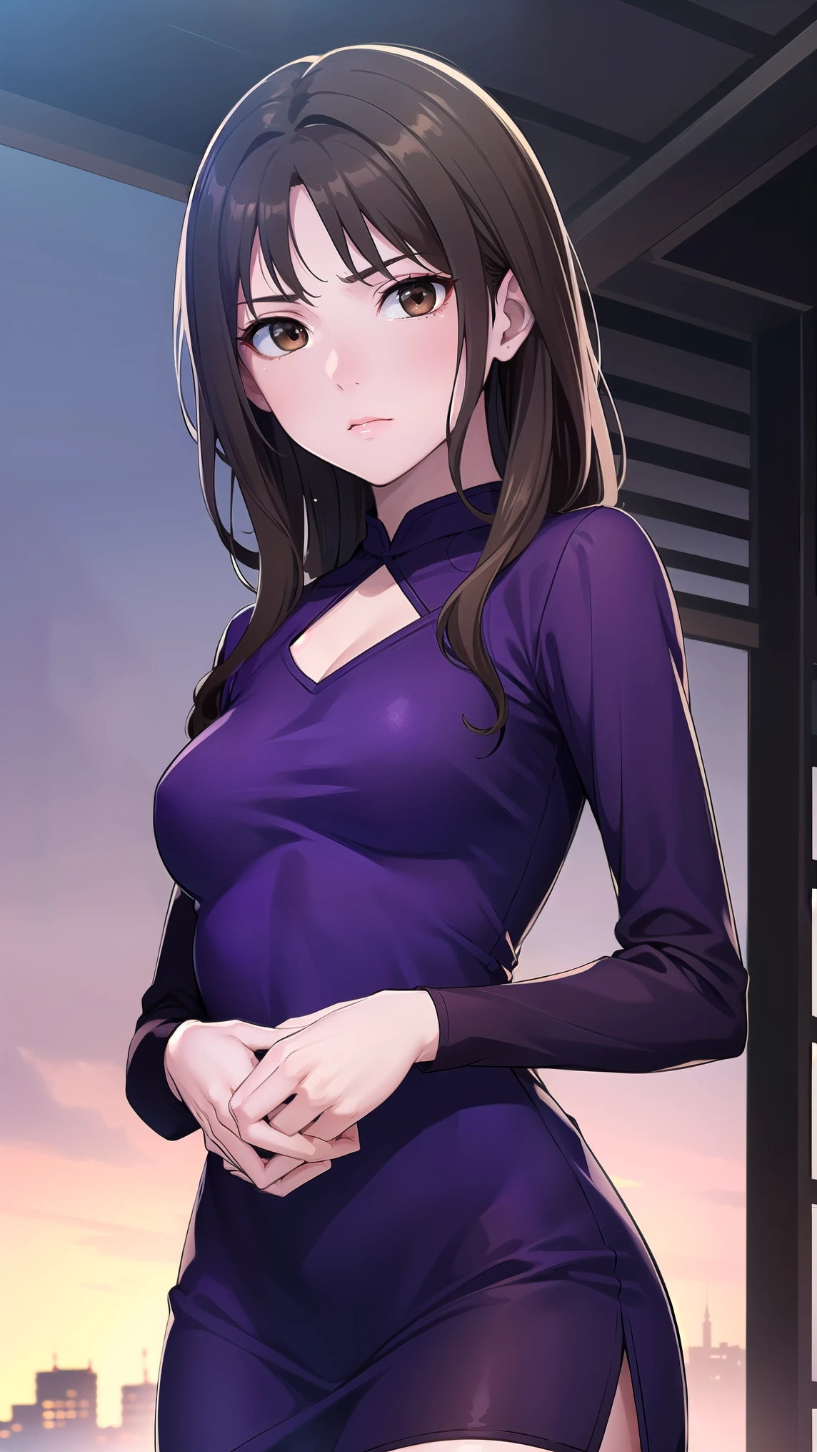 muginoshizuri, mugino shizuri, (brown eyes:1.7), brown hair, long hair, (kakiage bang:1.5), (medium breasts:1.2), anger,非常に吊り上がった目
black thigh high socks, dress, thigh high socks, absolute region with to, (purple dress:1.5), long dress, long sleeve, Chest,
looking at viewer, upper body, full body,
outdoors, city,
(masterpiece:1.2), best quality, high resolution, Unity 8k Wallpaper, (illustration:0.8), (Beautiful Detailed Eyes:1.6), petite girl with very detailed face, perfect lighting, very detailed CG, (perfect hands, perfect anatomy from a shellfish),