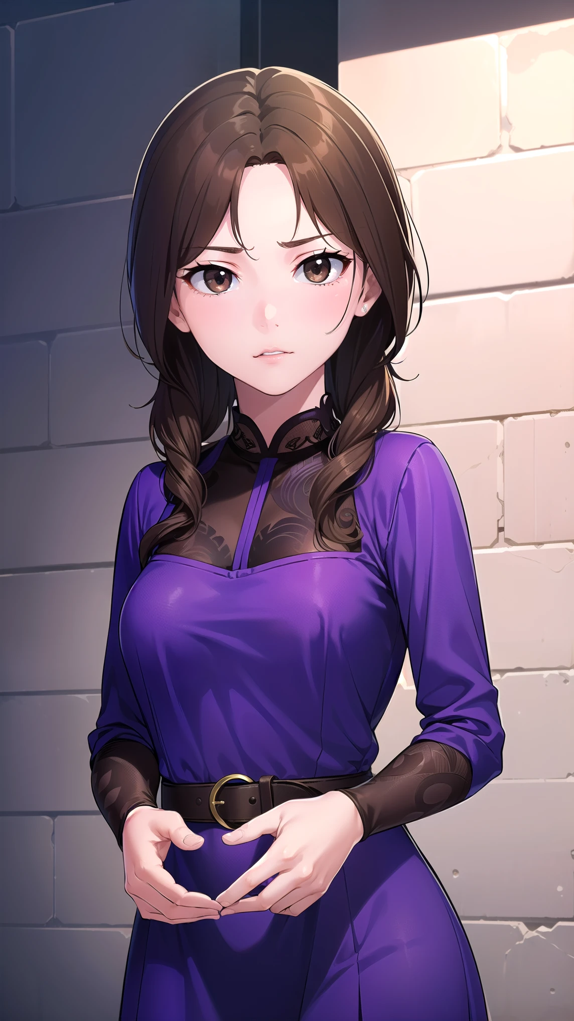 muginoshizuri, mugino shizuri, (brown eyes:1.7), brown hair, long hair, (kakiage bang:1.5), (medium breasts:1.2), anger,非常に吊り上がった目
black thigh high socks, dress, thigh high socks, absolute region with to, (purple dress:1.5), long dress, long sleeve, Chest,
looking at viewer, upper body, full body,
outdoors, city,
(masterpiece:1.2), best quality, high resolution, Unity 8k Wallpaper, (illustration:0.8), (Beautiful Detailed Eyes:1.6), petite girl with very detailed face, perfect lighting, very detailed CG, (perfect hands, perfect anatomy from a shellfish),