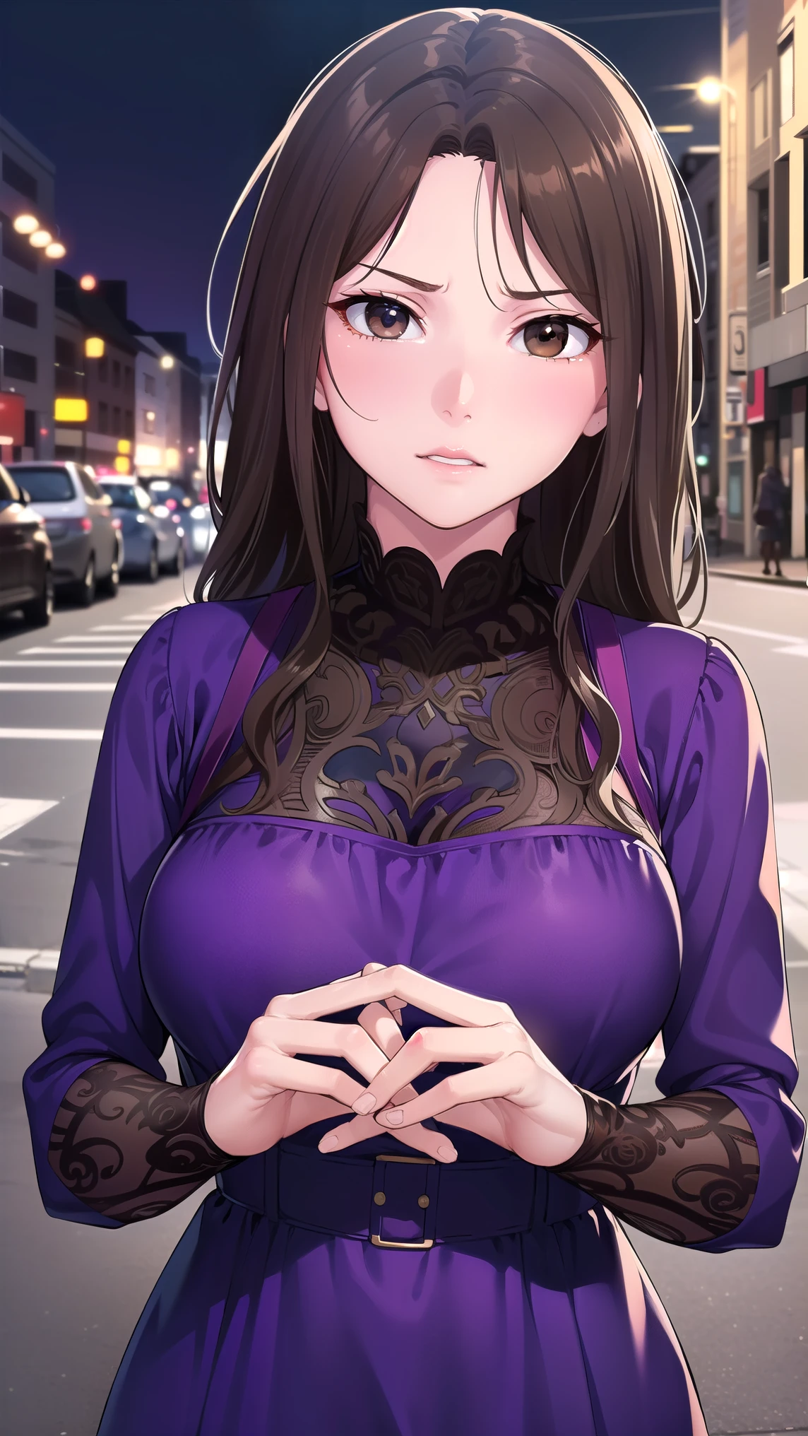 muginoshizuri, mugino shizuri, (brown eyes:1.7), brown hair, long hair, (kakiage bang:1.5), (medium breasts:1.2), anger,非常に吊り上がった目
black thigh high socks, dress, thigh high socks, absolute region with to, (purple dress:1.5), long dress, long sleeve, Chest,
looking at viewer, upper body, full body,
outdoors, city,
(masterpiece:1.2), best quality, high resolution, Unity 8k Wallpaper, (illustration:0.8), (Beautiful Detailed Eyes:1.6), petite girl with very detailed face, perfect lighting, very detailed CG, (perfect hands, perfect anatomy from a shellfish),