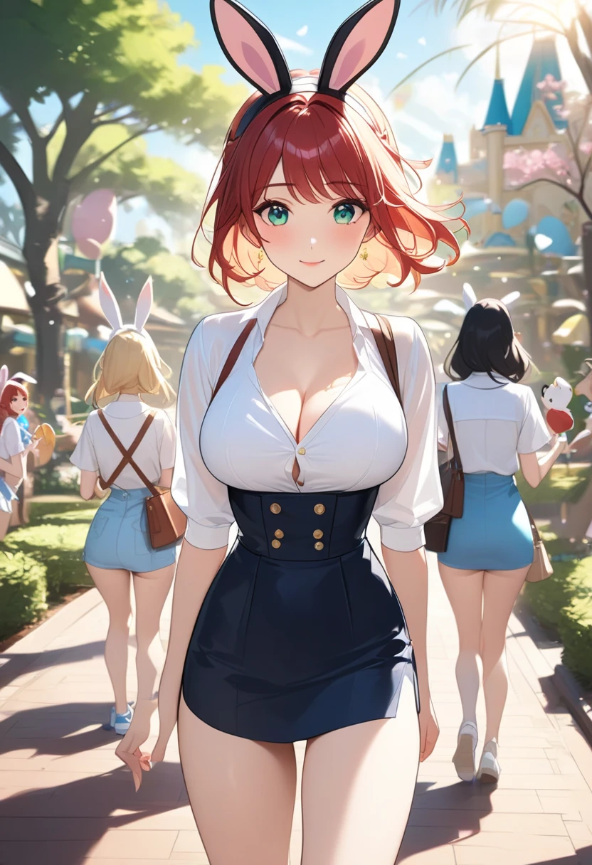 (masterpiece, best quality), intricate details, 1girl, age 19, orange hair, straw hat, nami, nami \(one piece\), long hair, polo neck sweater, white sweater, girl focus, stylish clothes, polo neck sweater, blue denim shorts, midium breast size, nature, scenery, full body,