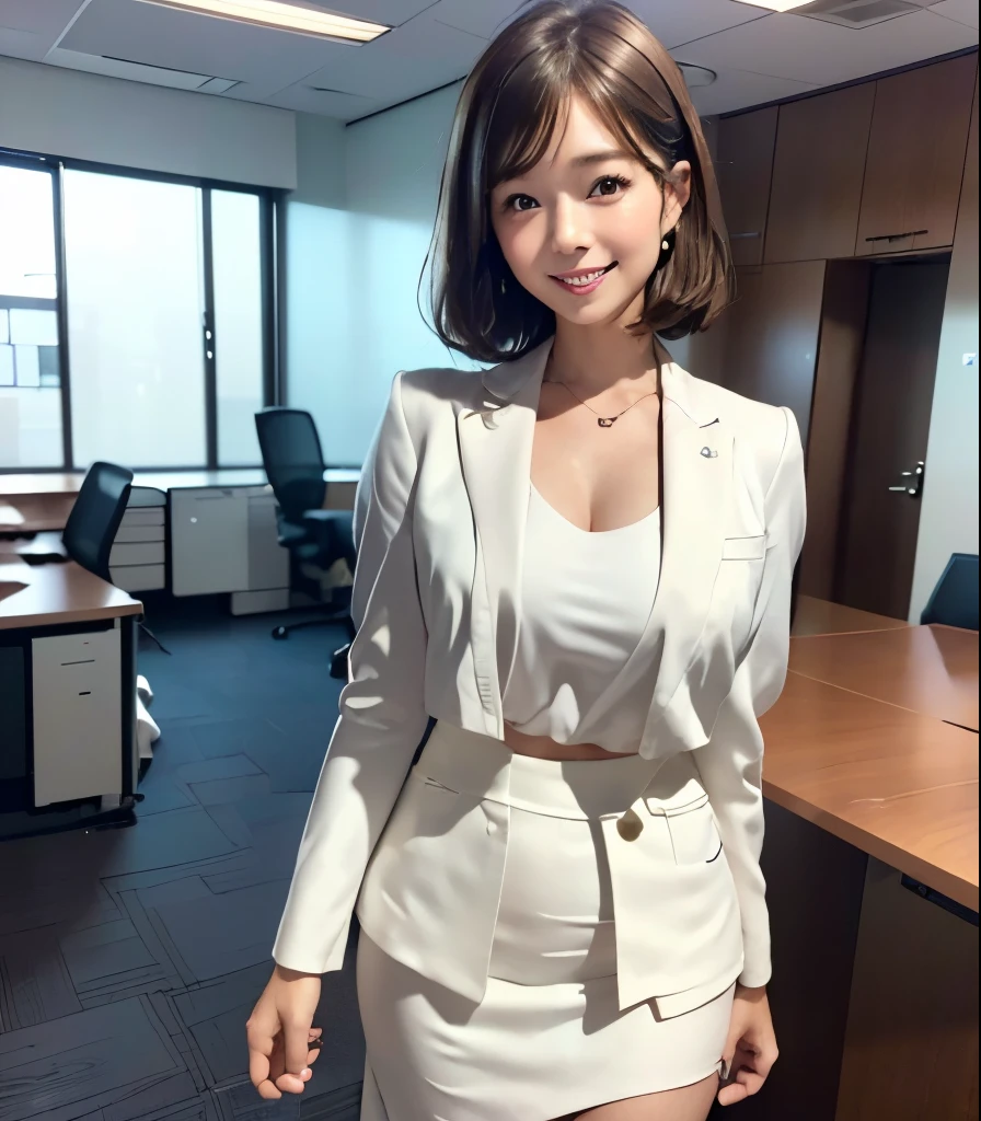 (best quality、masterpiece、8k)、(photorealistic:1.6)、 Professional lighting、natural light、RAW photo、Meeting Room、(very cute office lady in white business suit、beautiful girl、 cute Yuki Yoda、 The cutest in the world )、Adorable idol、baby face、 shiny skin、almond eyes、 without makeup、 slim and beautiful legs 、white skin、(perfect anatomy from a shellfish)、very short hair:1.6、brown hair、(オフィスのMeeting Roomにいます)、(A cute office lady in a white suit:1.6、OL in white business suit:1.6、Tight Skirt:1.6)、(looking back、Roll Up Skirt)、(looking back、 lean forward:1.6、rear view:1.2、 shot from below )、(show white panties:1.2)、correct limbs、The right face、Correct finger