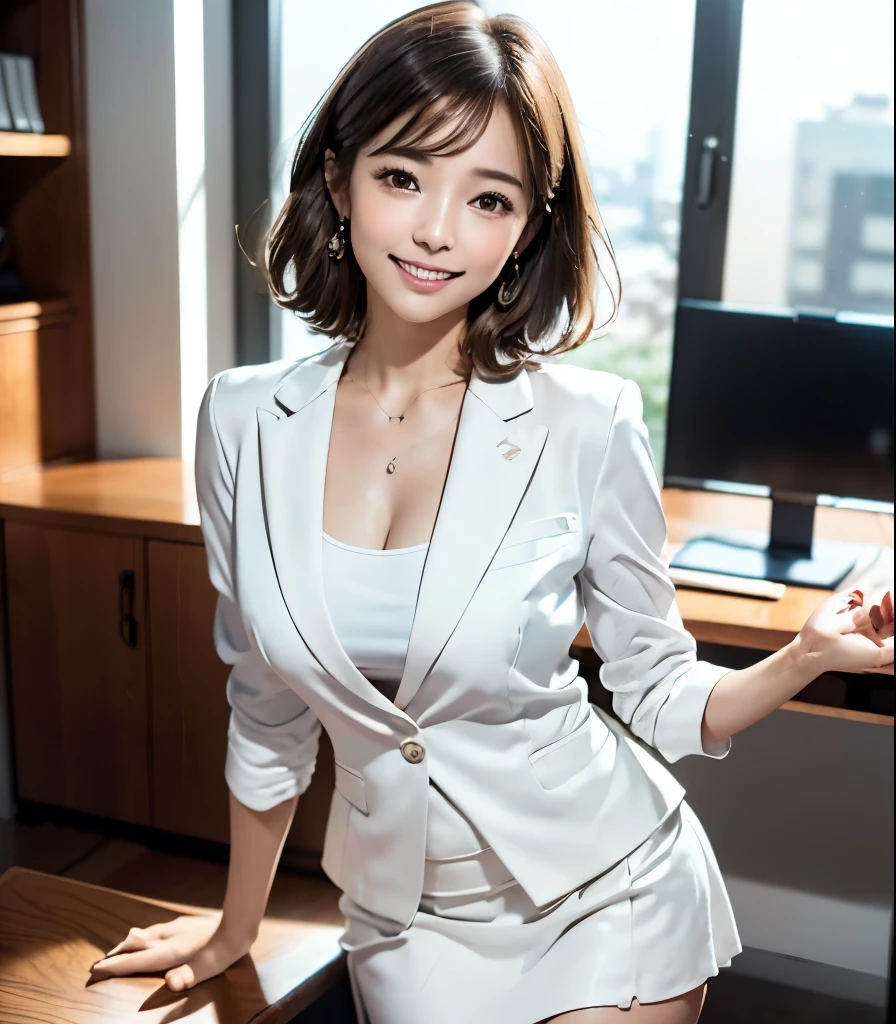(best quality、masterpiece、8k)、(photorealistic:1.6)、 Professional lighting、natural light、RAW photo、Meeting Room、(very cute office lady in white business suit、beautiful girl、 cute Yuki Yoda、 The cutest in the world )、Adorable idol、baby face、 shiny skin、almond eyes、 without makeup、 slim and beautiful legs 、white skin、(perfect anatomy from a shellfish)、very short hair:1.6、brown hair、(オフィスのMeeting Roomにいます)、(A cute office lady in a white suit:1.6、OL in white business suit:1.6、Tight Skirt:1.6)、(looking back、Roll Up Skirt)、(looking back、 lean forward:1.6、rear view:1.2、 shot from below )、(show white panties:1.2)、correct limbs、The right face、Correct finger