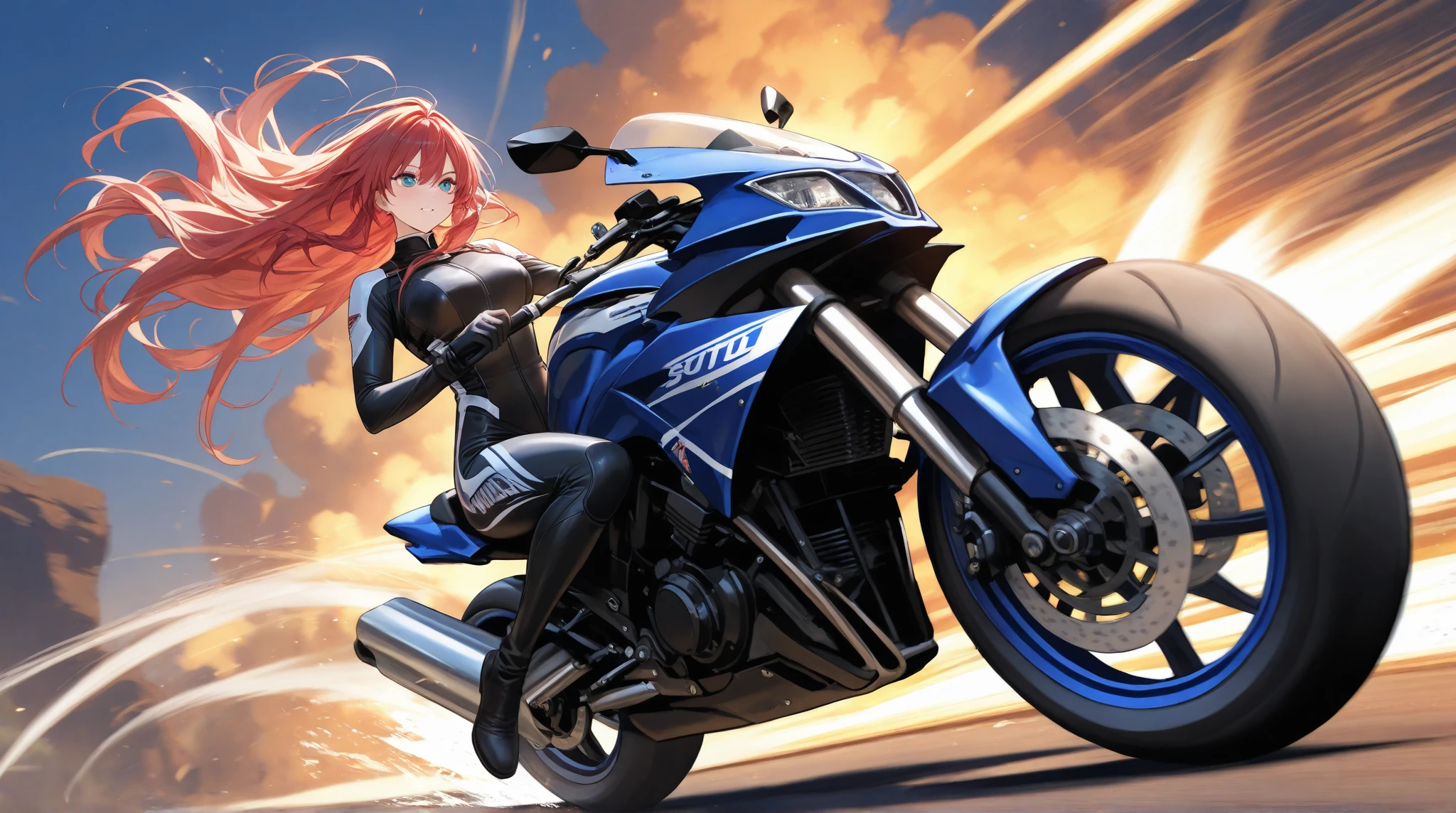anime style, super fine illustration, highly detailed, dynamic angle, beautiful detailed, 8k, A red motorcycle parked on the beach on a summer morning. BREAK A cat girl is driving happily astride a motorcycle. Her hair is blowing in the wind. BREAK Everything is sparkling in the sunlight.