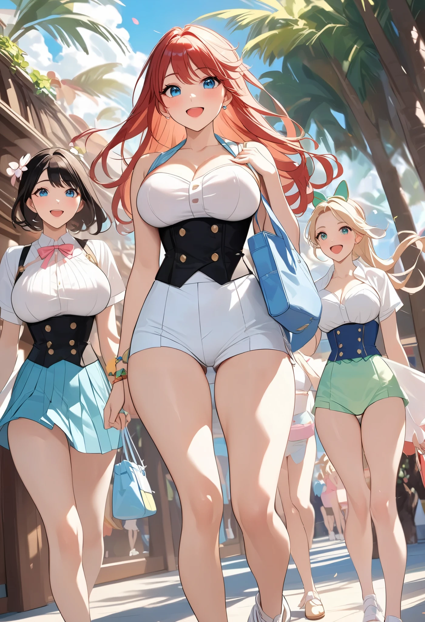 (Top Quality, masterpiece, award winning work, 16k), 、((a spring break, A group of cute girls, a trip to Disney resort with friends, walking through Disney resort: 1.2))、(big smiles:1.2), (raised and crisp bust:1.2), (lifts the chest:1.2), (Perky breasts :1.2), , ( double breasted,Underbust:1.2), button gap with, walks under trees、spring sun shine, Clothes from strong winds blow up、 petals are blown away by strong winds