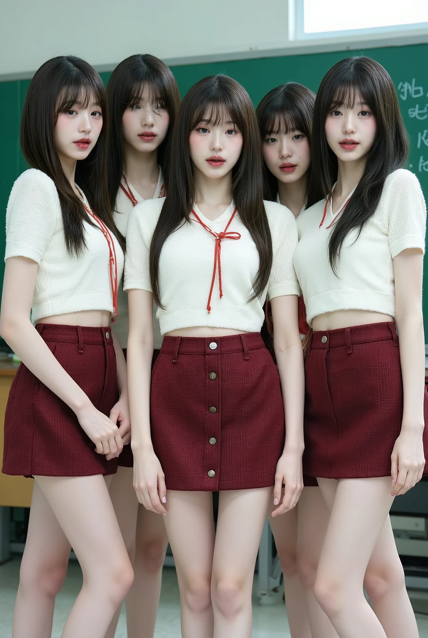 the life-size of young women with long hair and a beautiful face, wearing sexy school uniforms, beautiful body (plaid micro mini skirt ,Extremely short white socks,white high school uniform short sleeve shirt、Open the red uniform ribbon ) 、((they stand side by side facing the front in the high school classroom))、 they are slim and modeled、The legs are thin and long、They stand side by side facing each other in a、full body shot、black loafers、they are tall and slim、tight waist、toned ankles、((they realistically reproduce the texture of their skin))、full body shot、full body shot、long legs、anorexic model 、I lost weight 、I'm hungry、they stand side by side with their legs aligned, facing directly in front of them, wearing a micro mini skirt that is short enough to be seen